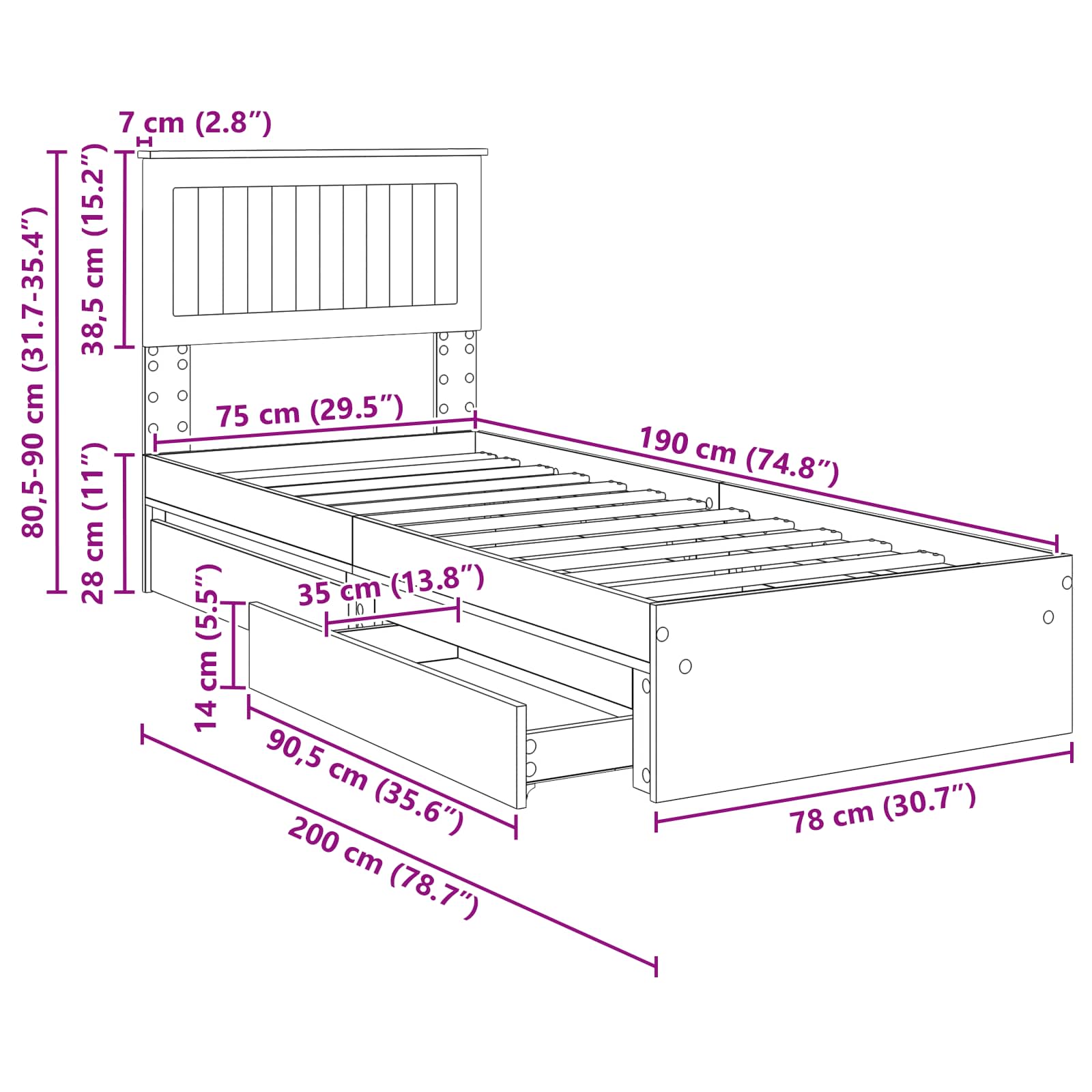Krevet s od storage Sonoma hrast 75 x 190 cm Konstruirano drvo