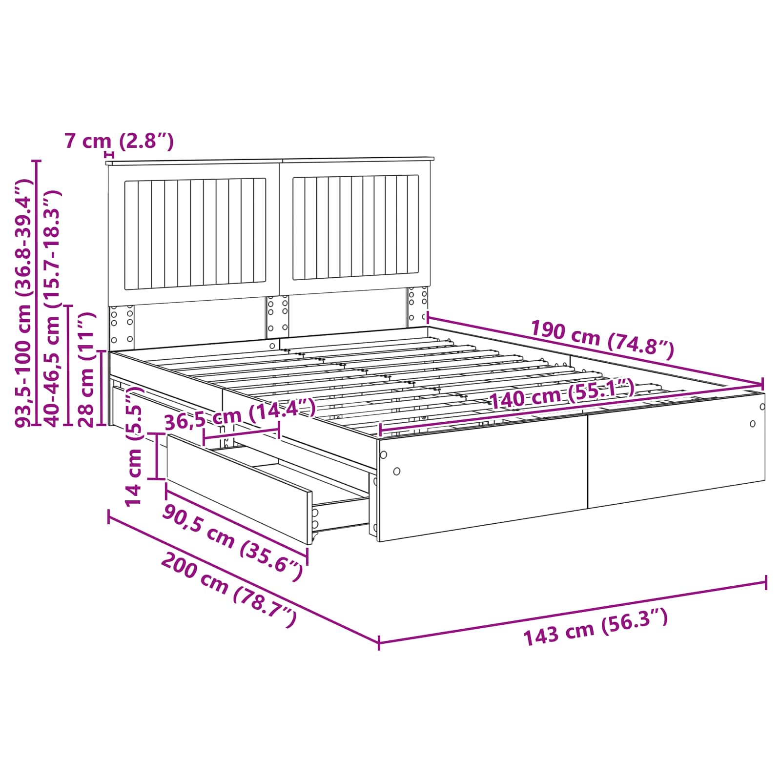 Krevet s od storage Bijelo 140 x 190 cm Konstruirano drvo