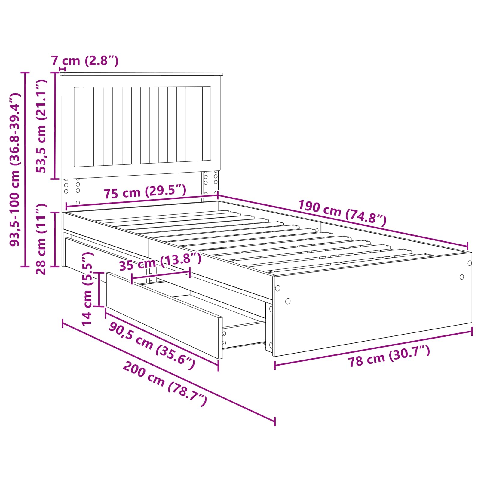 Krevet s od storage Smeđi hrast 75 x 190 cm Konstruirano drvo