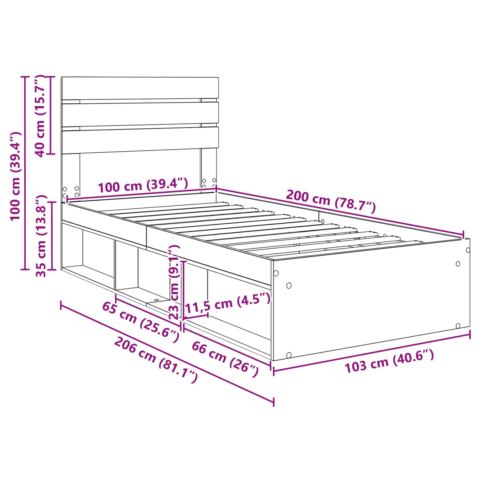 Krevetna konstrukcija s uzglavljem Staro drvo 100 x 200 cm