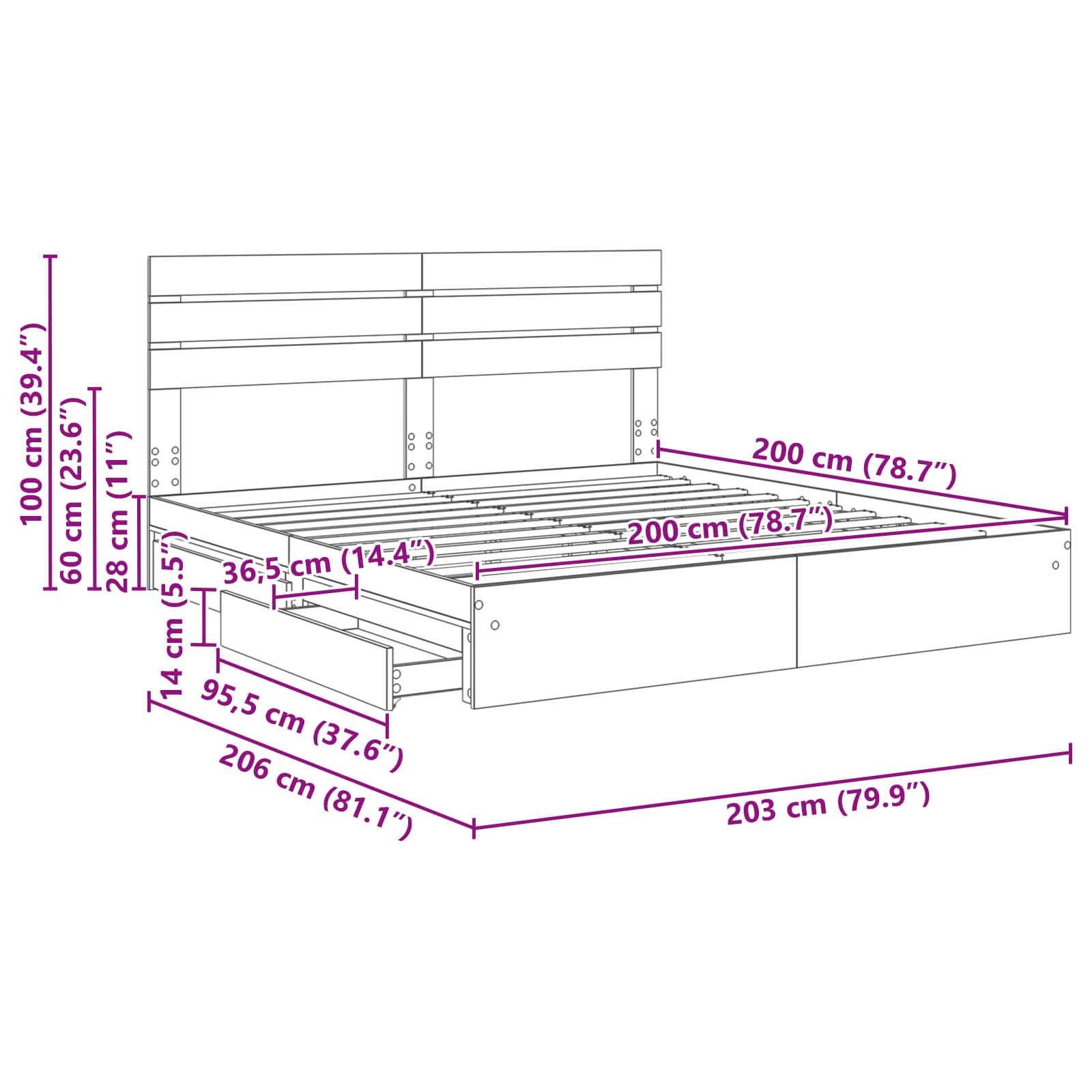 Krevet s od storage s uzglavljem Betonski sivi 200 x 200 cm