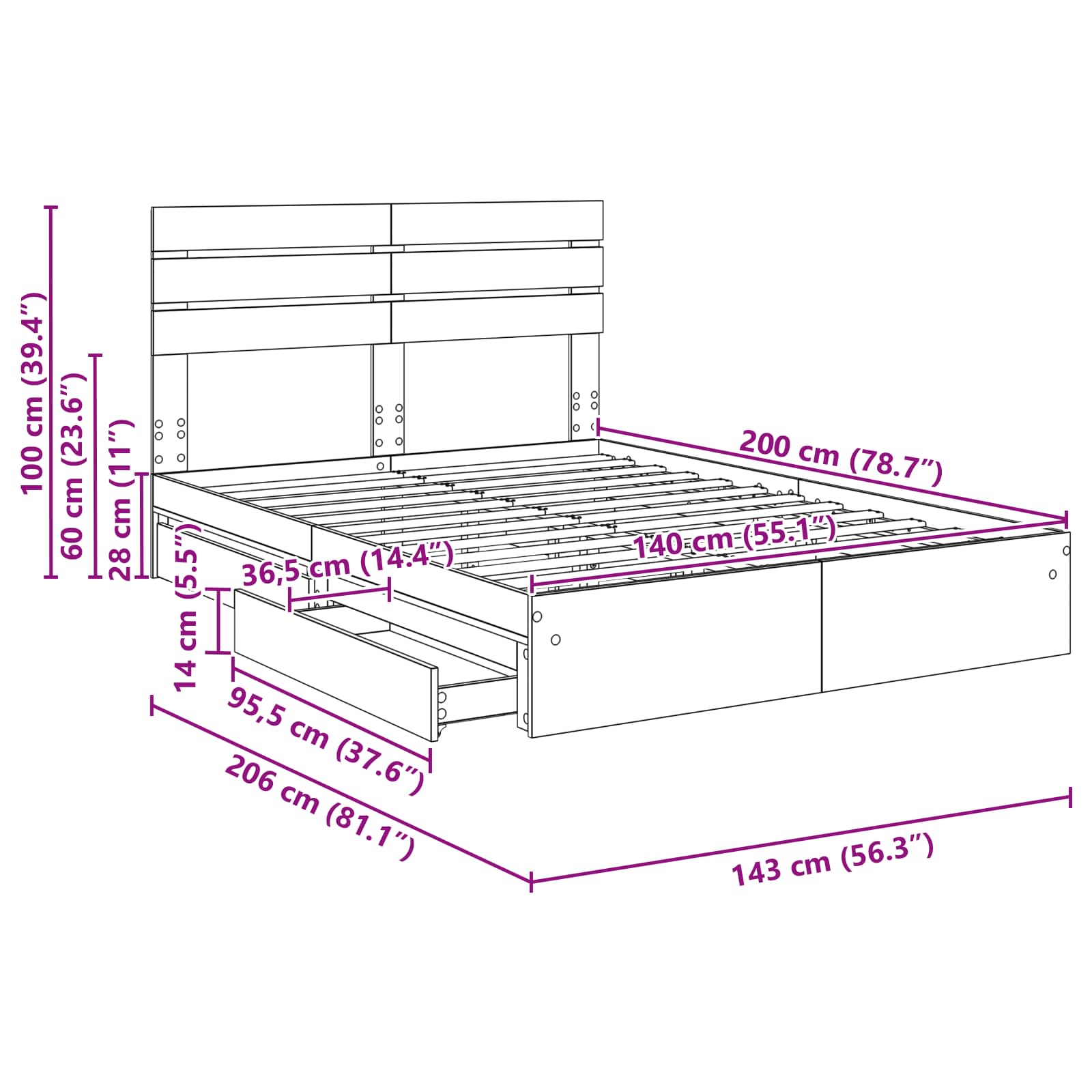 Krevet s od storage Bijelo 140 x 200 cm Konstruirano drvo