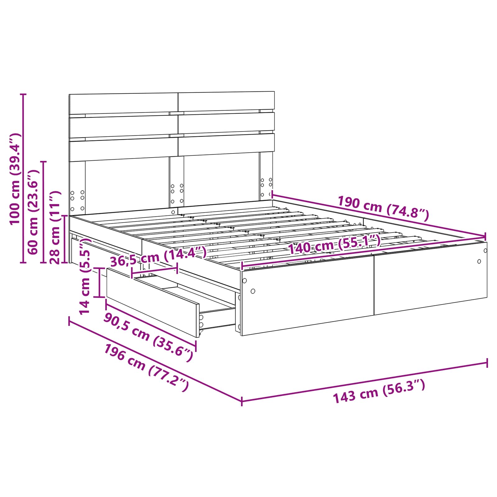 Krevet s od storage Sonoma hrast 140 x 190 cm Konstruirano drvo