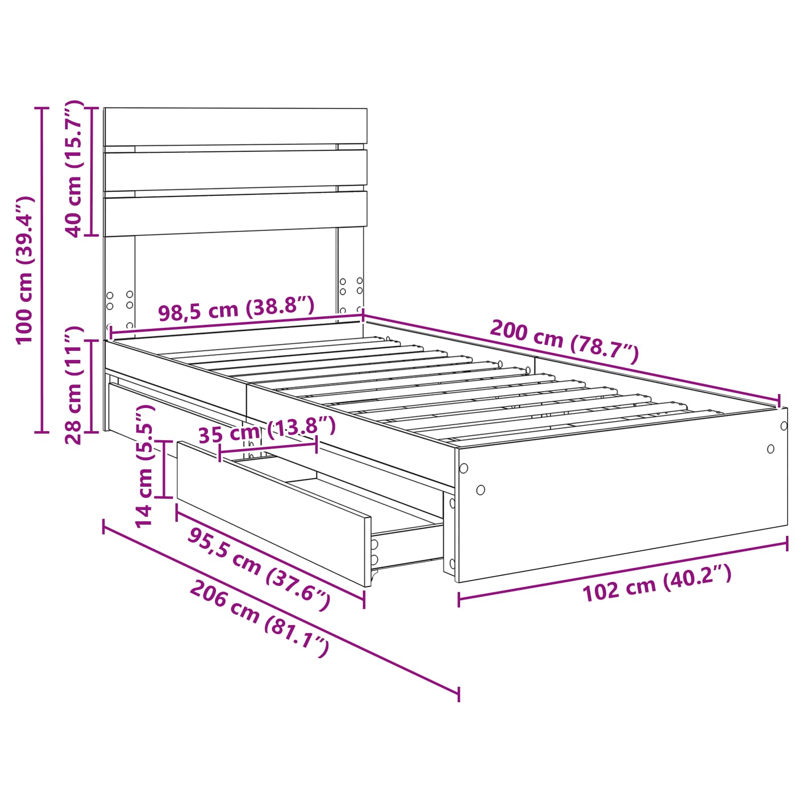 Krevet s od storage Siva Sonoma 100 x 200 cm Konstruirano drvo