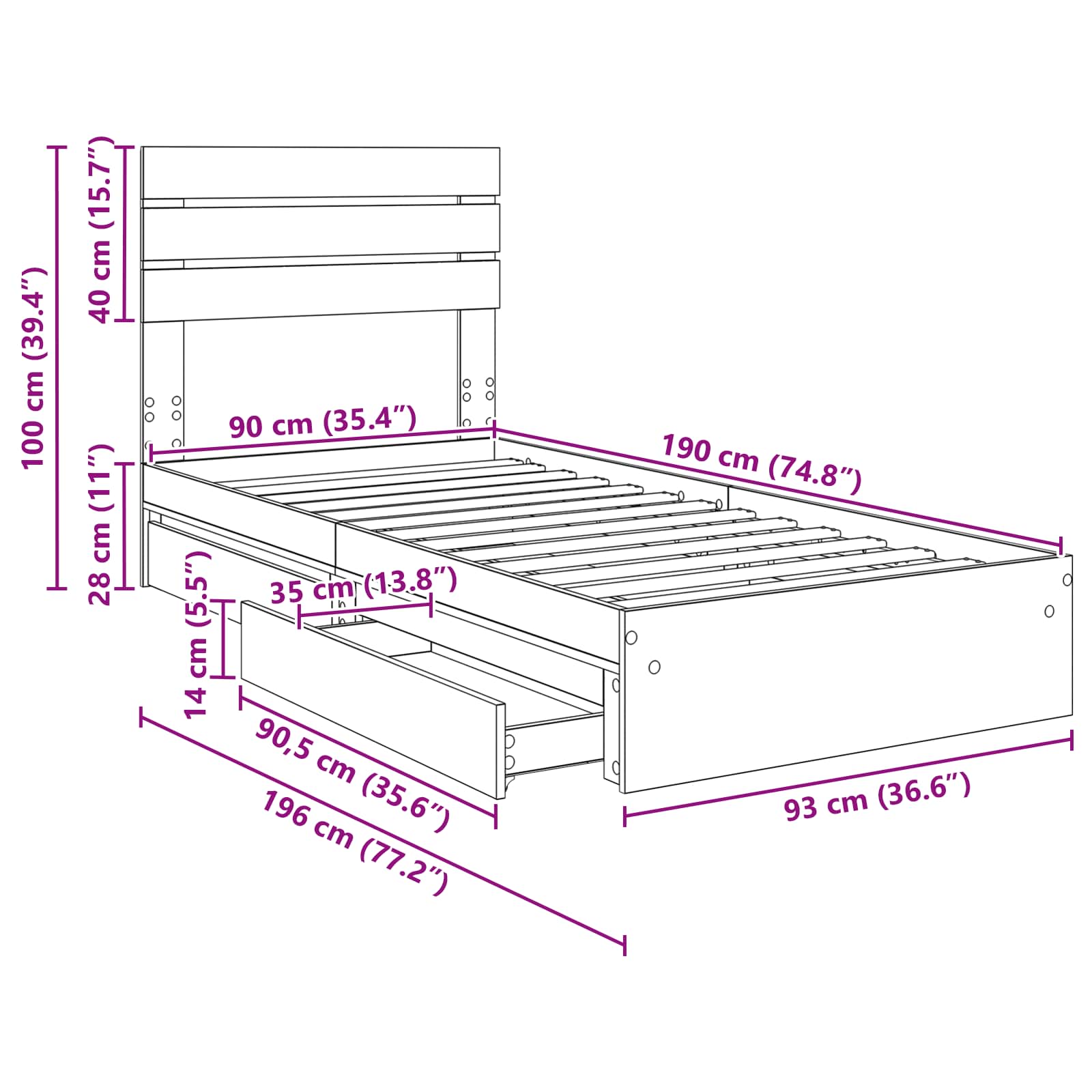 Krevet s od storage Sonoma hrast 90 x 190 cm Konstruirano drvo