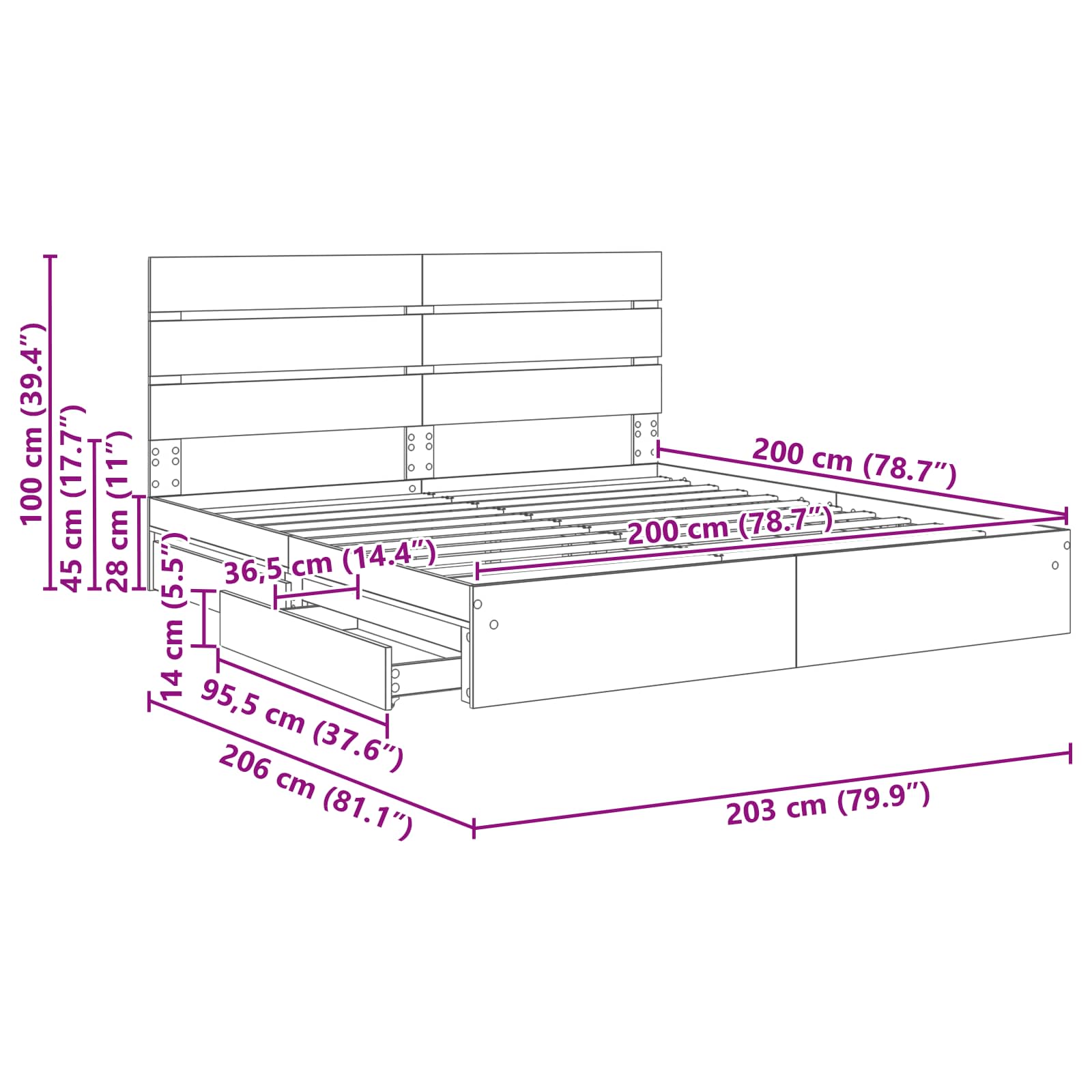 Krevet s od storage s uzglavljem Betonski sivi 200 x 200 cm
