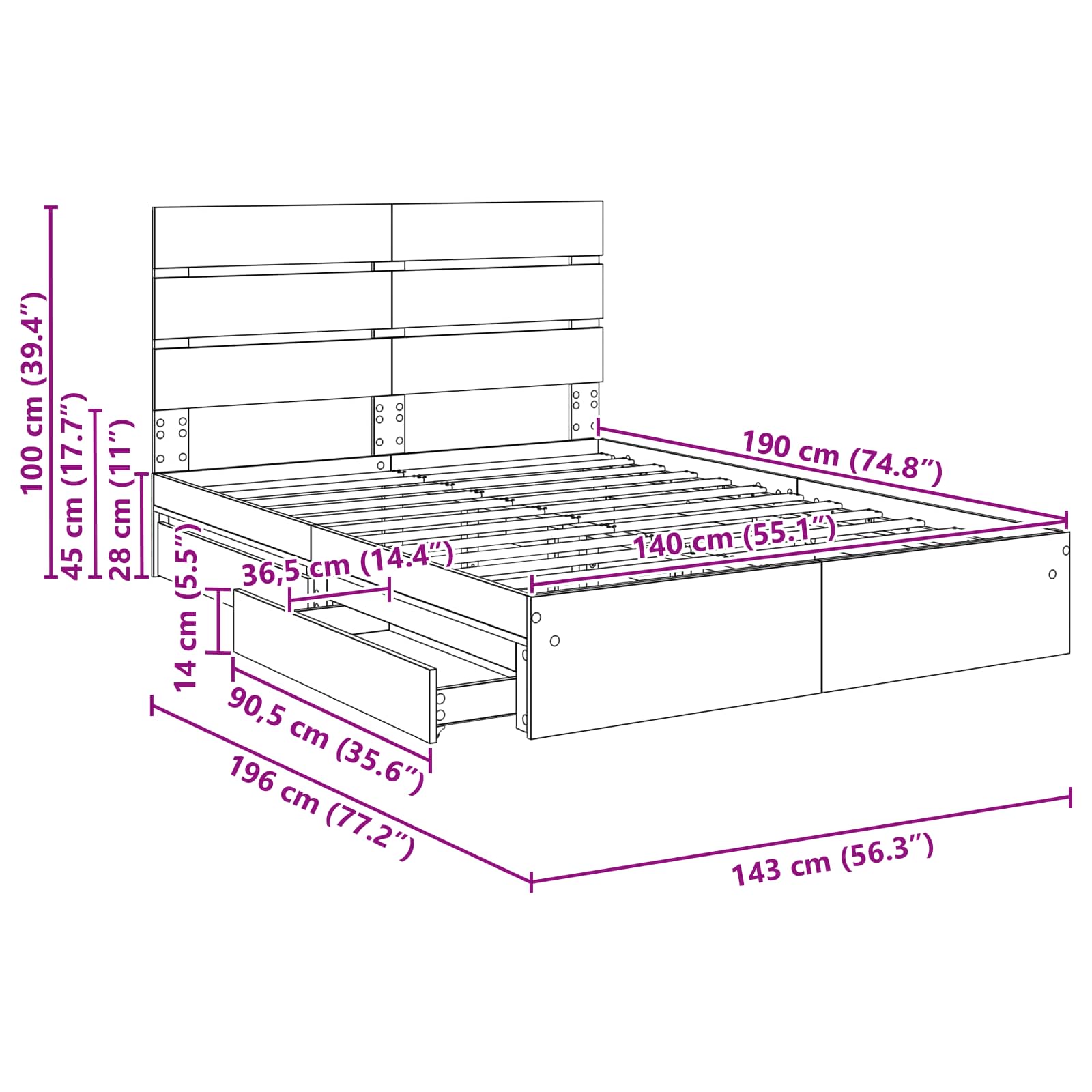 Krevet s od storage Sonoma hrast 140 x 190 cm Konstruirano drvo