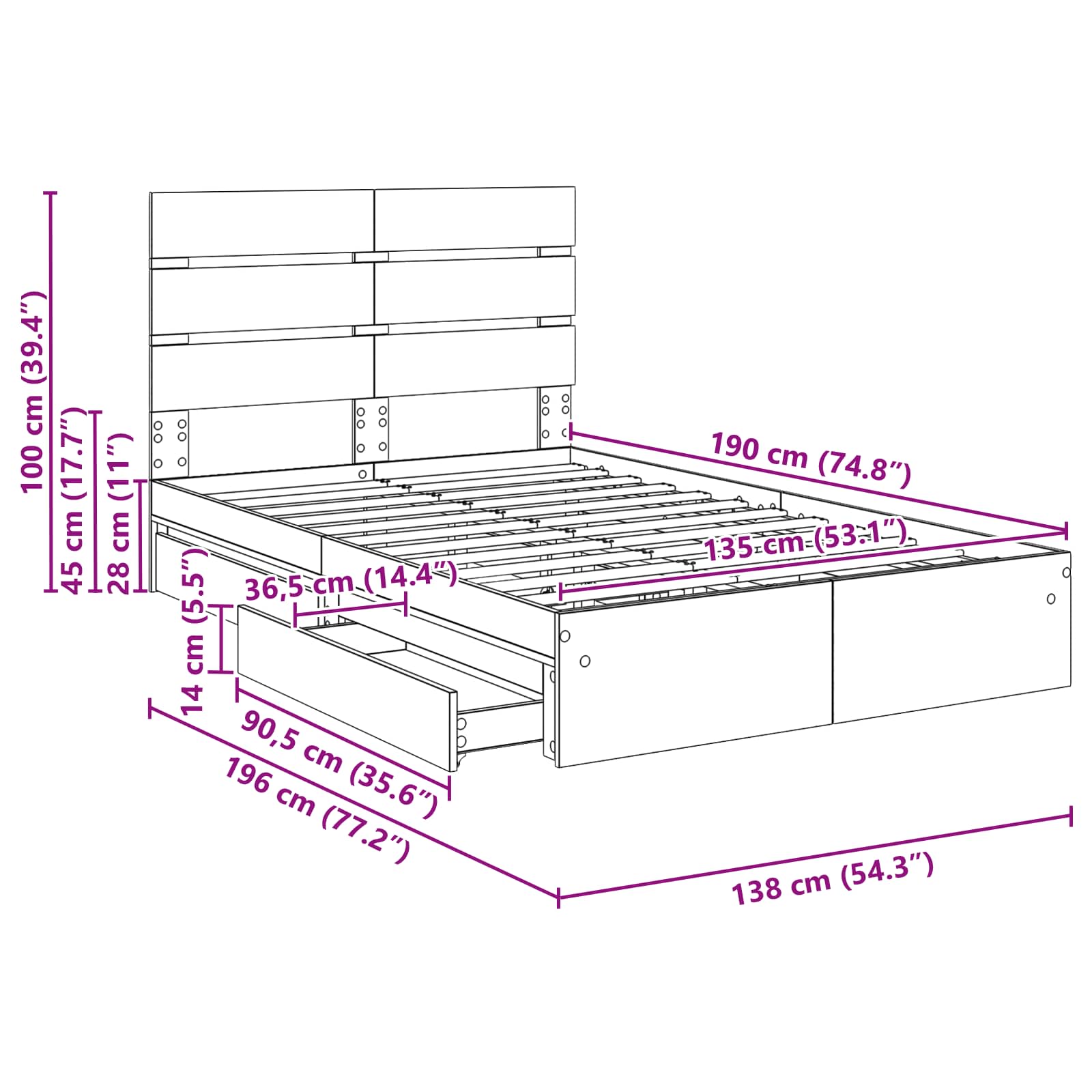 Krevet s od storage Sonoma hrast 135 x 190 cm Konstruirano drvo