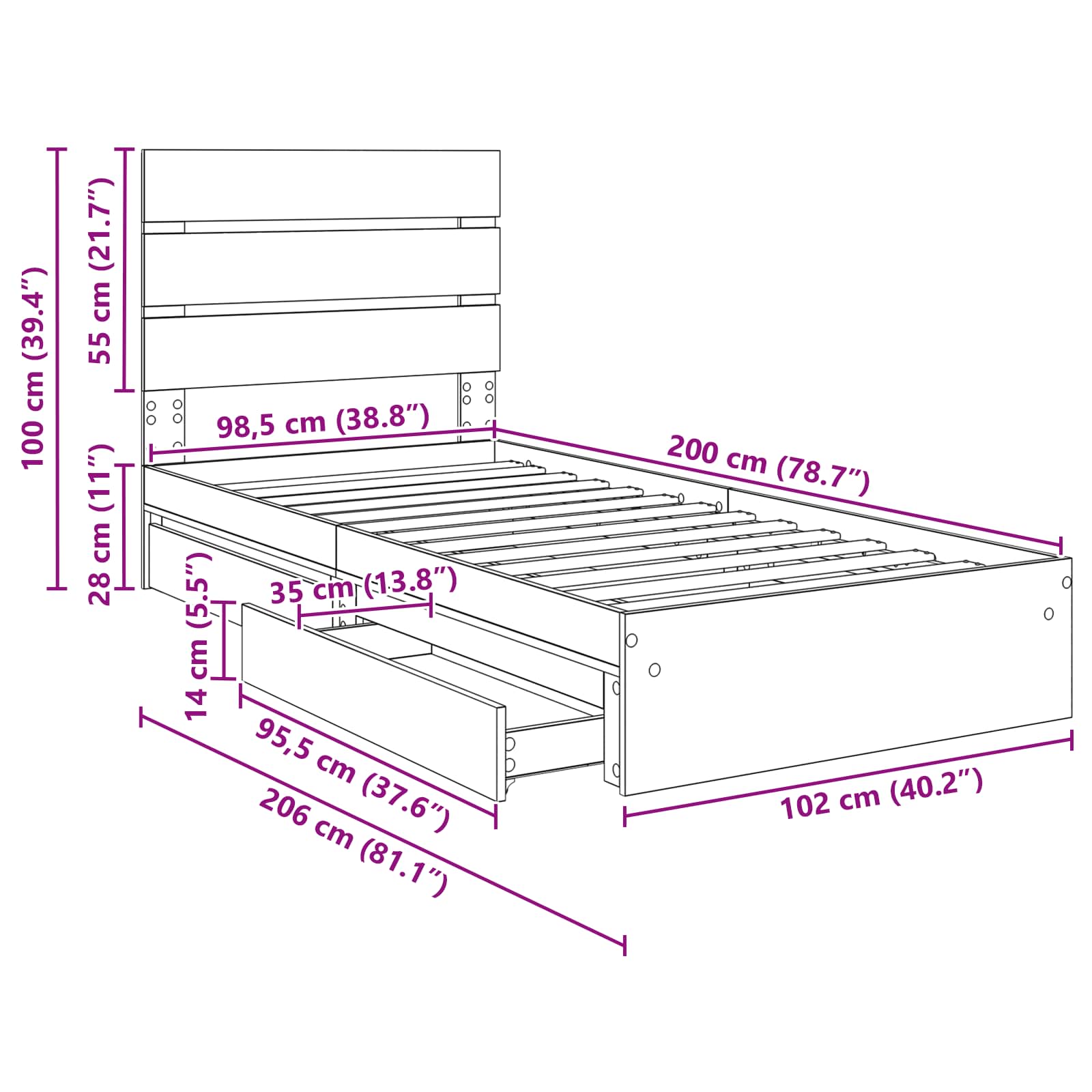 Krevet s od storage Siva Sonoma 100 x 200 cm Konstruirano drvo