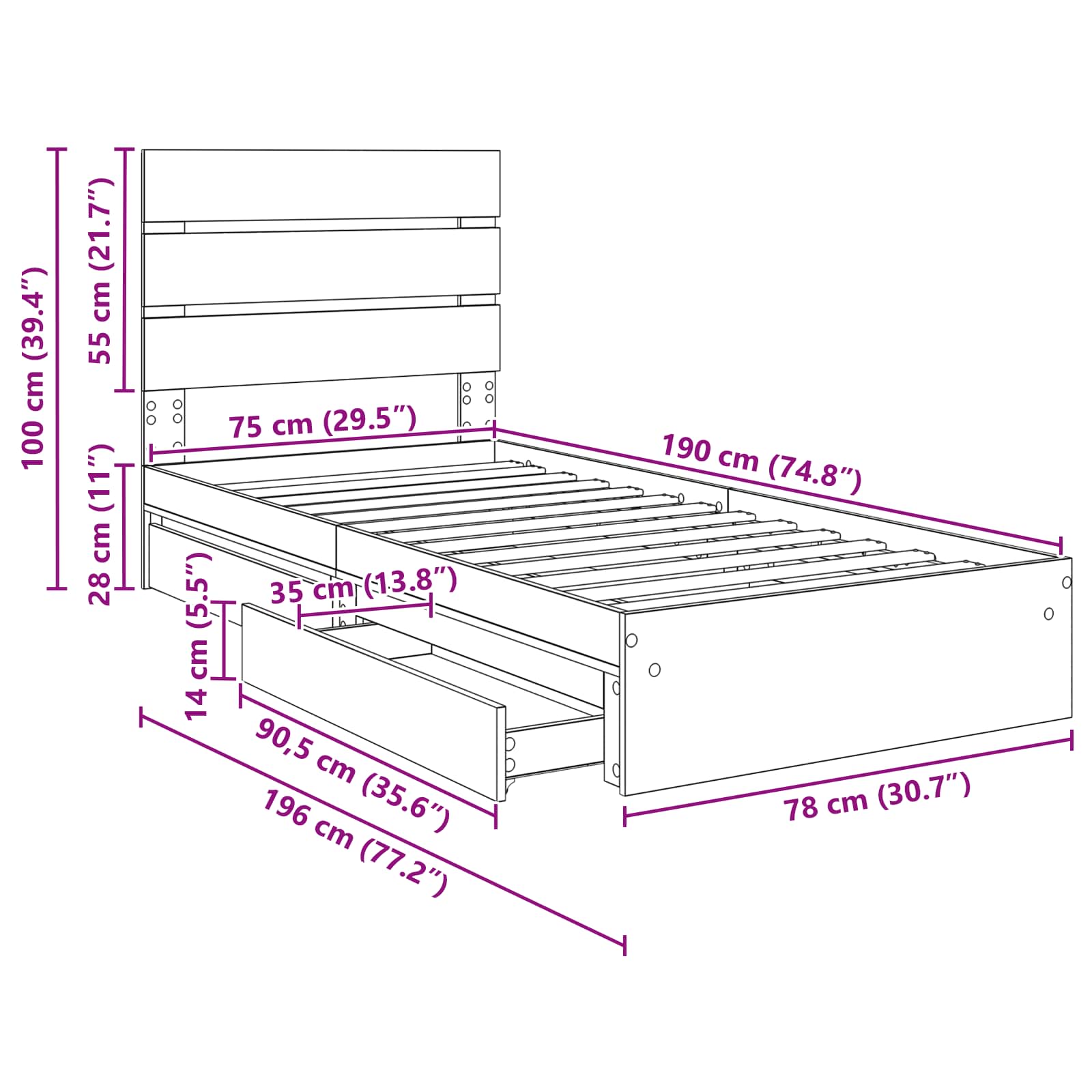 Krevet s od storage Bijelo 70 x 190 cm Konstruirano drvo