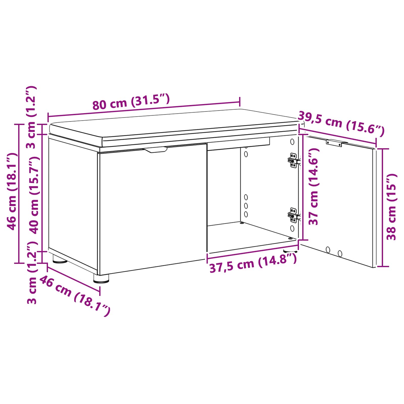 Klupa za hodnik s jastukom s policom Bijeli 80 x 38 x 46 cm