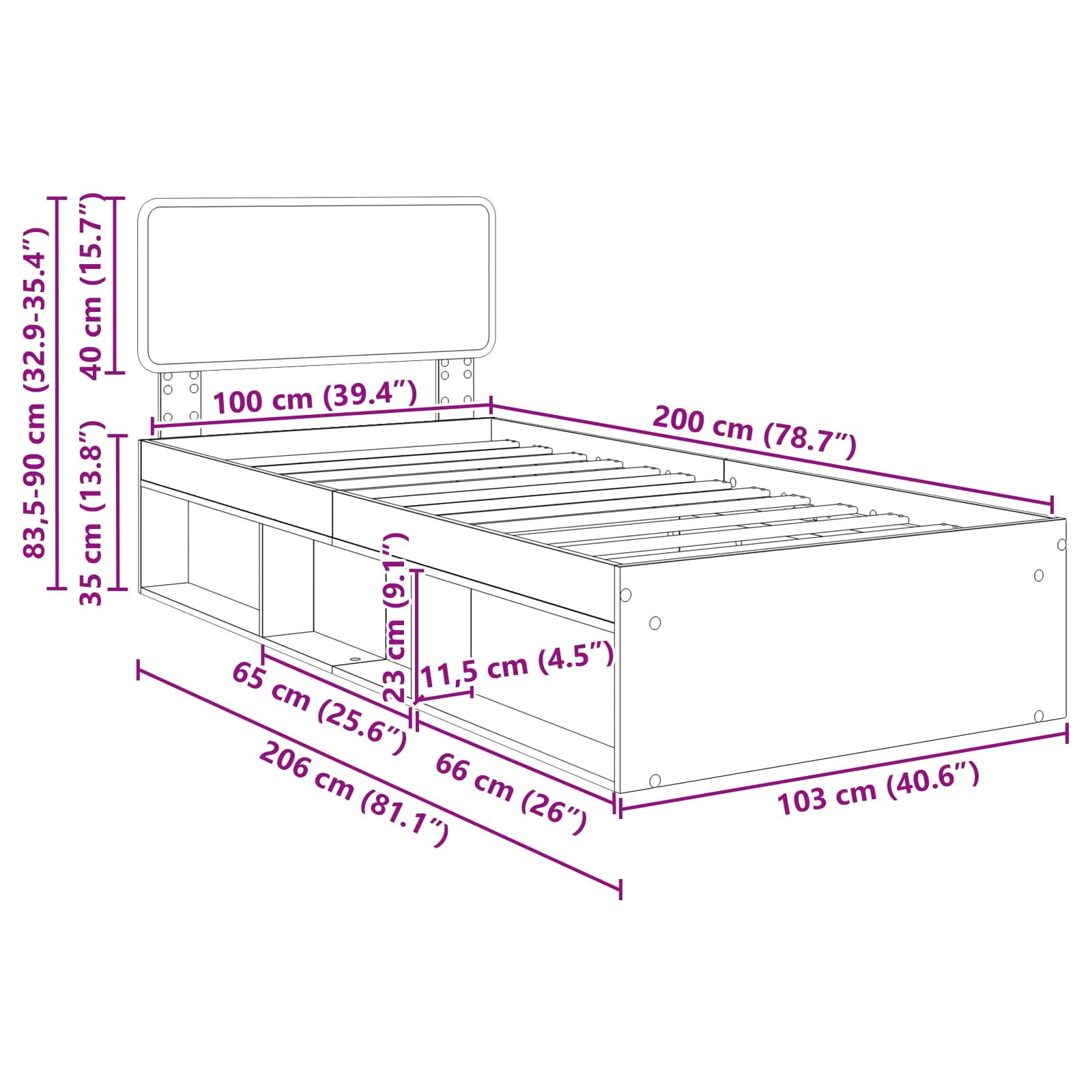 Krevetna konstrukcija s uzglavljem Staro drvo 100 x 200 cm
