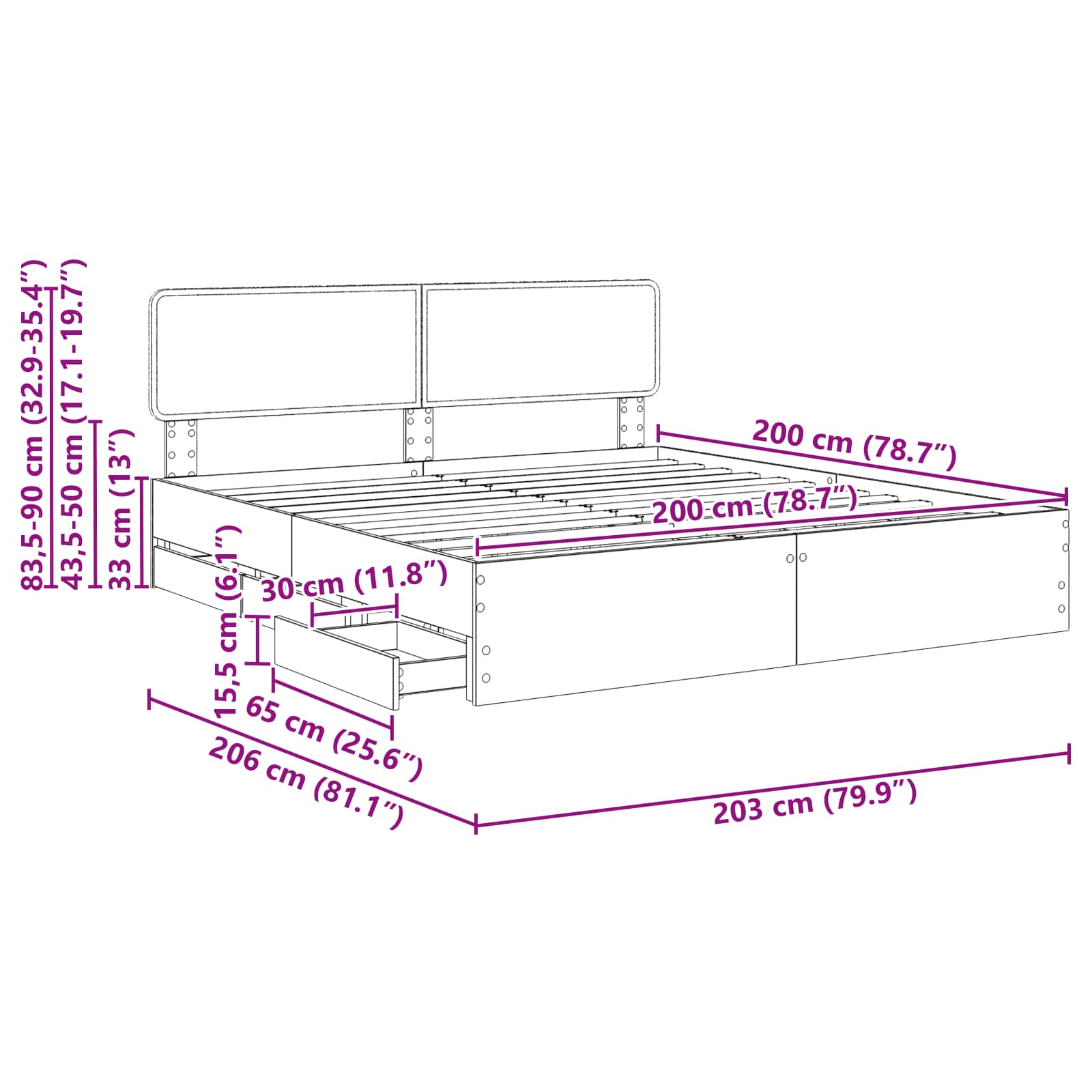 Krevetna konstrukcija s ladicama Sivi Sonoma 200 x 200 cm