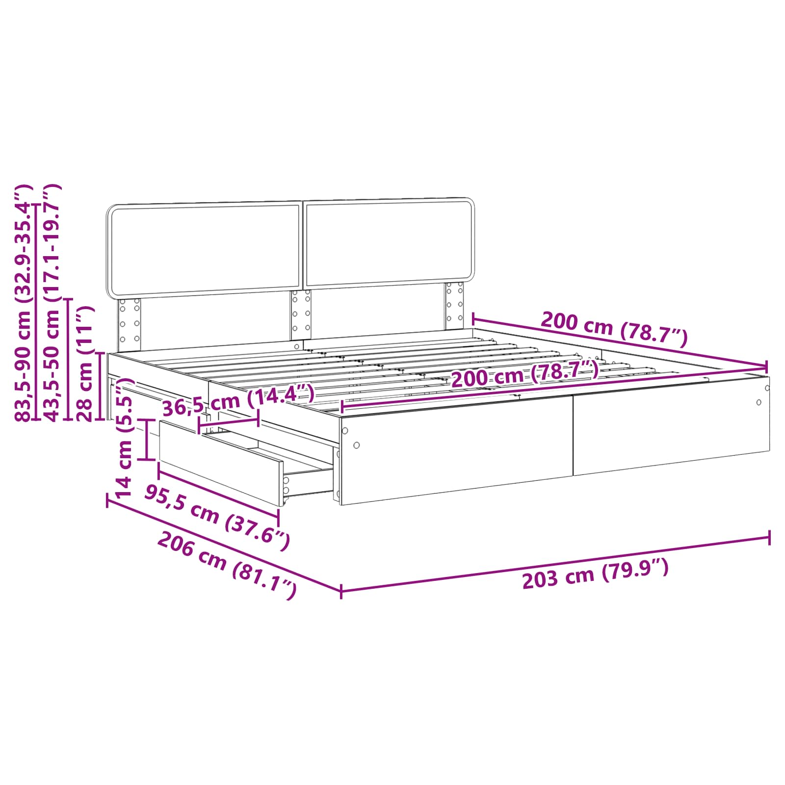 Krevet s od storage Siva Sonoma 200 x 200 cm Konstruirano drvo