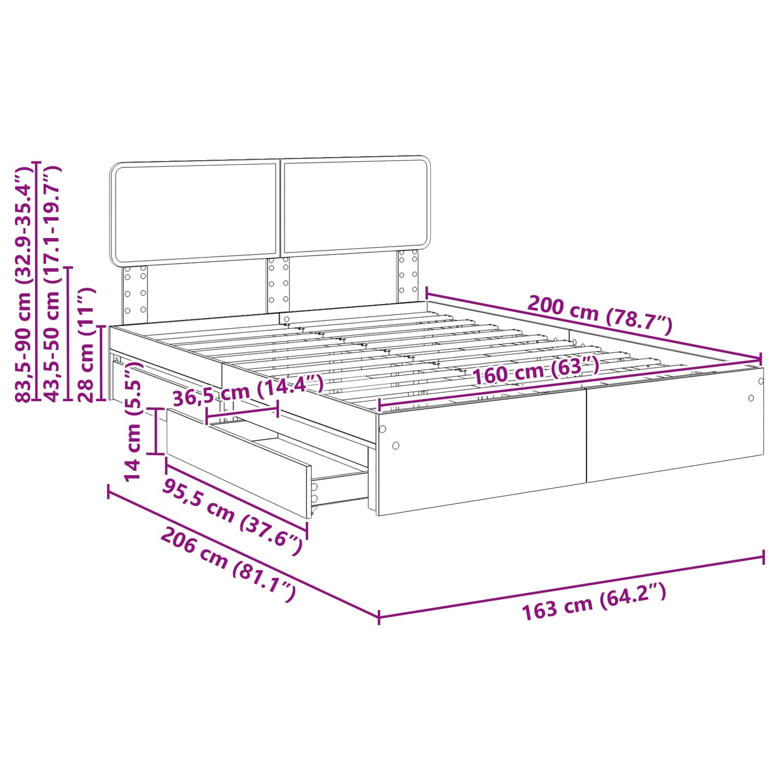Krevet s od storage Sonoma hrast 160 x 200 cm Konstruirano drvo