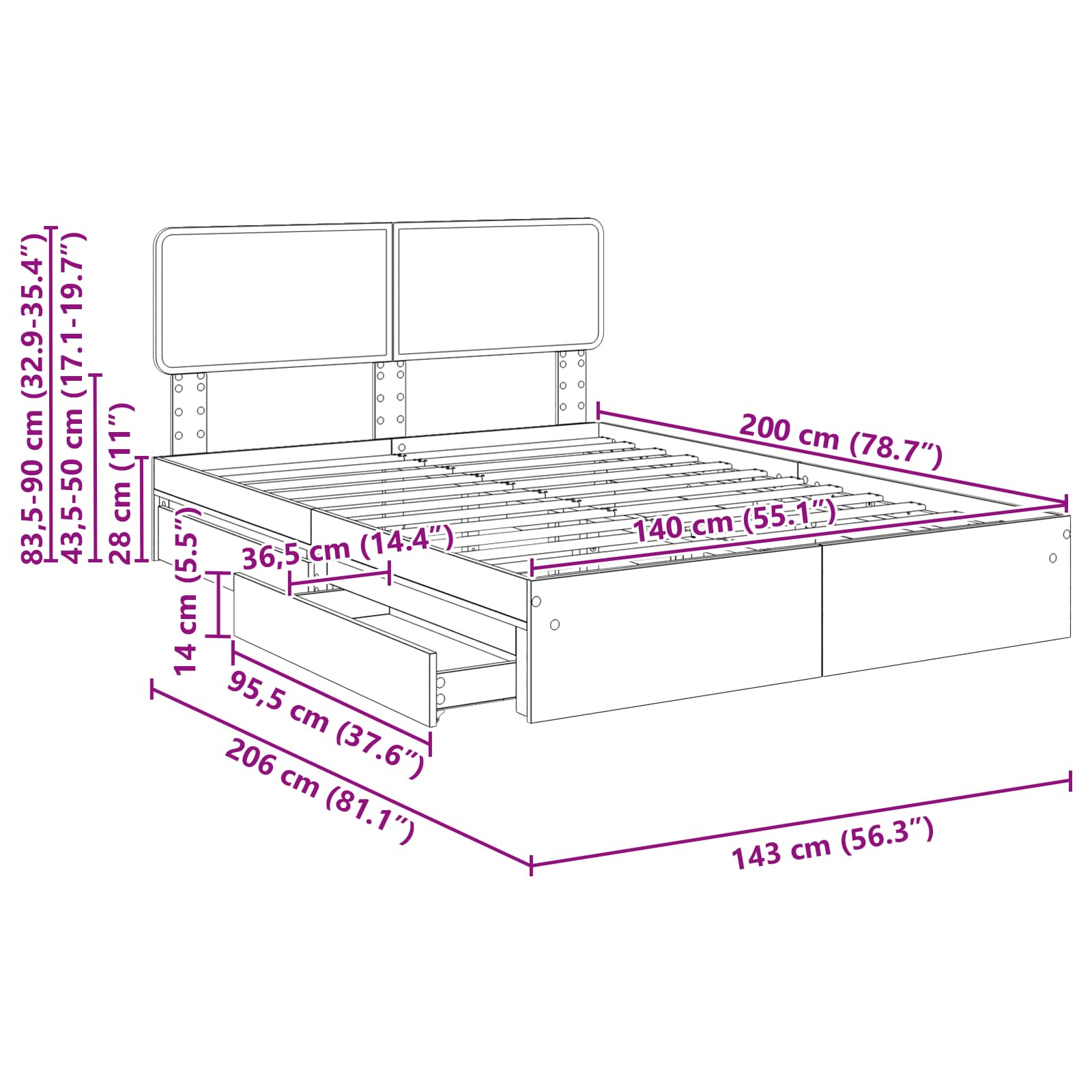Krevet s od storage Sonoma hrast 140 x 200 cm Konstruirano drvo