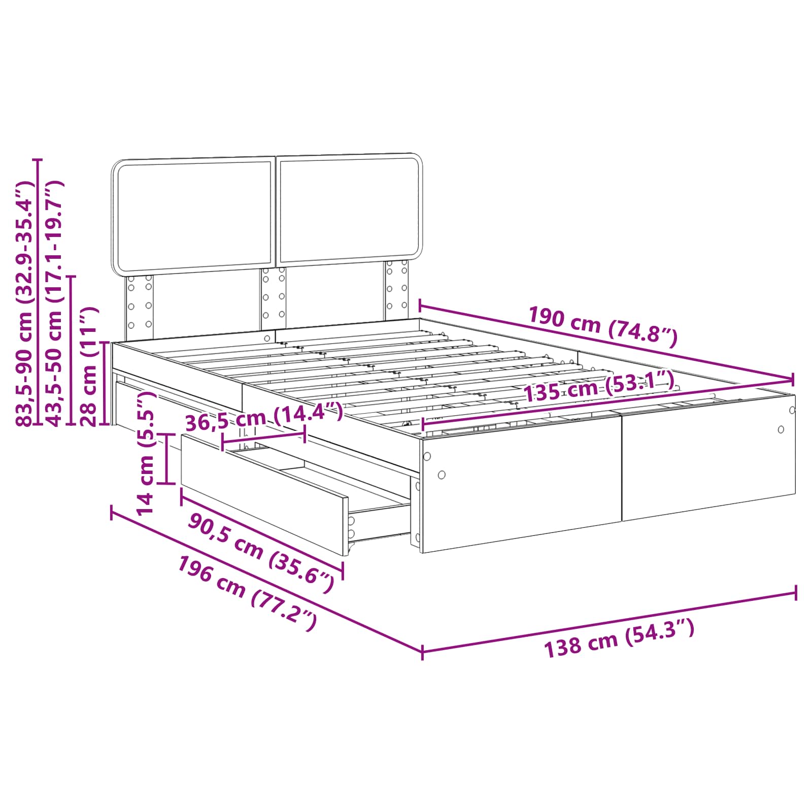 Krevet s od storage s uzglavljem Dimljeni hrast 135 x 190 cm