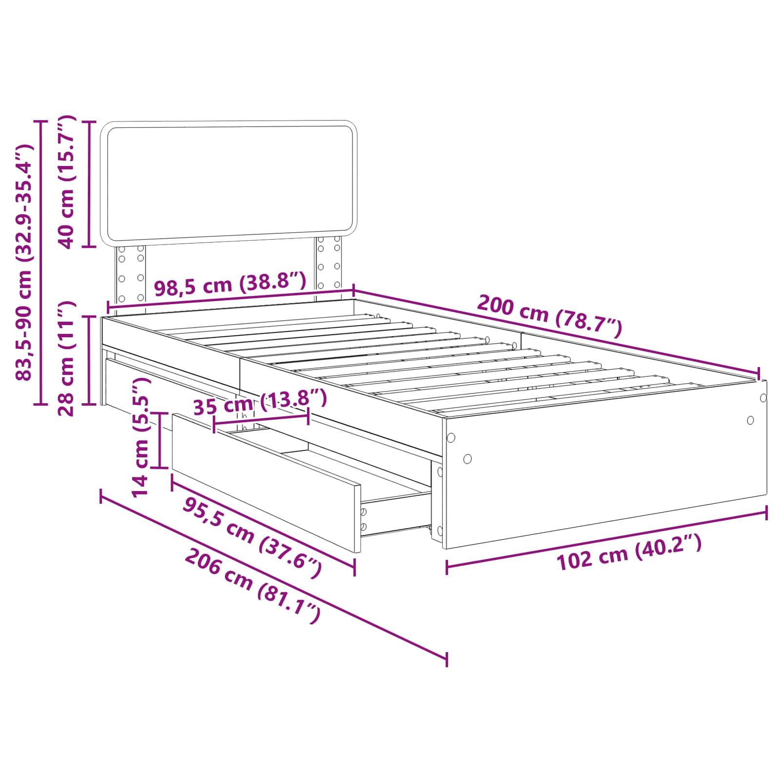 Krevet s od storage s uzglavljem Dimljeni hrast 100 x 200 cm