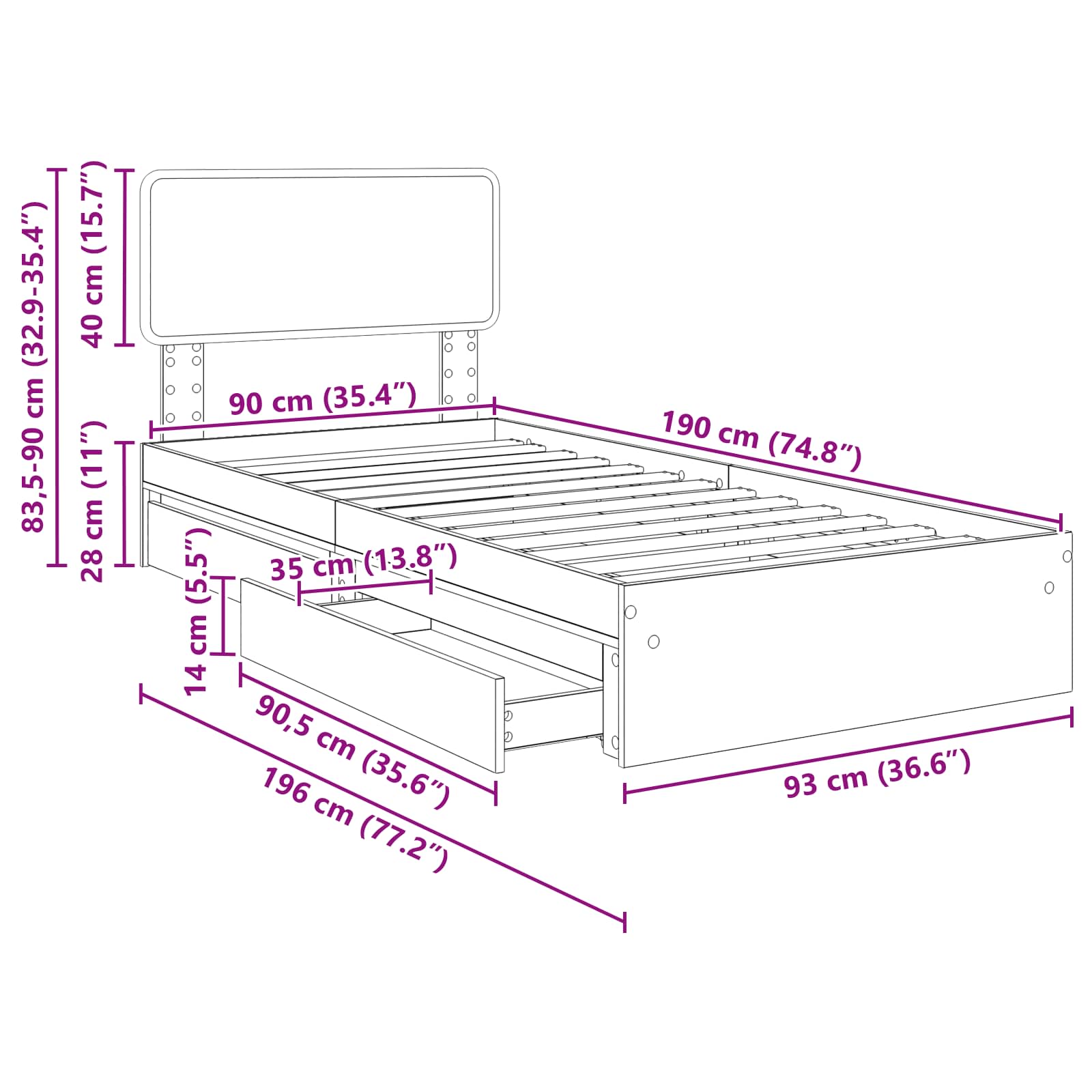 Krevet s od storage Sonoma hrast 90 x 190 cm Konstruirano drvo