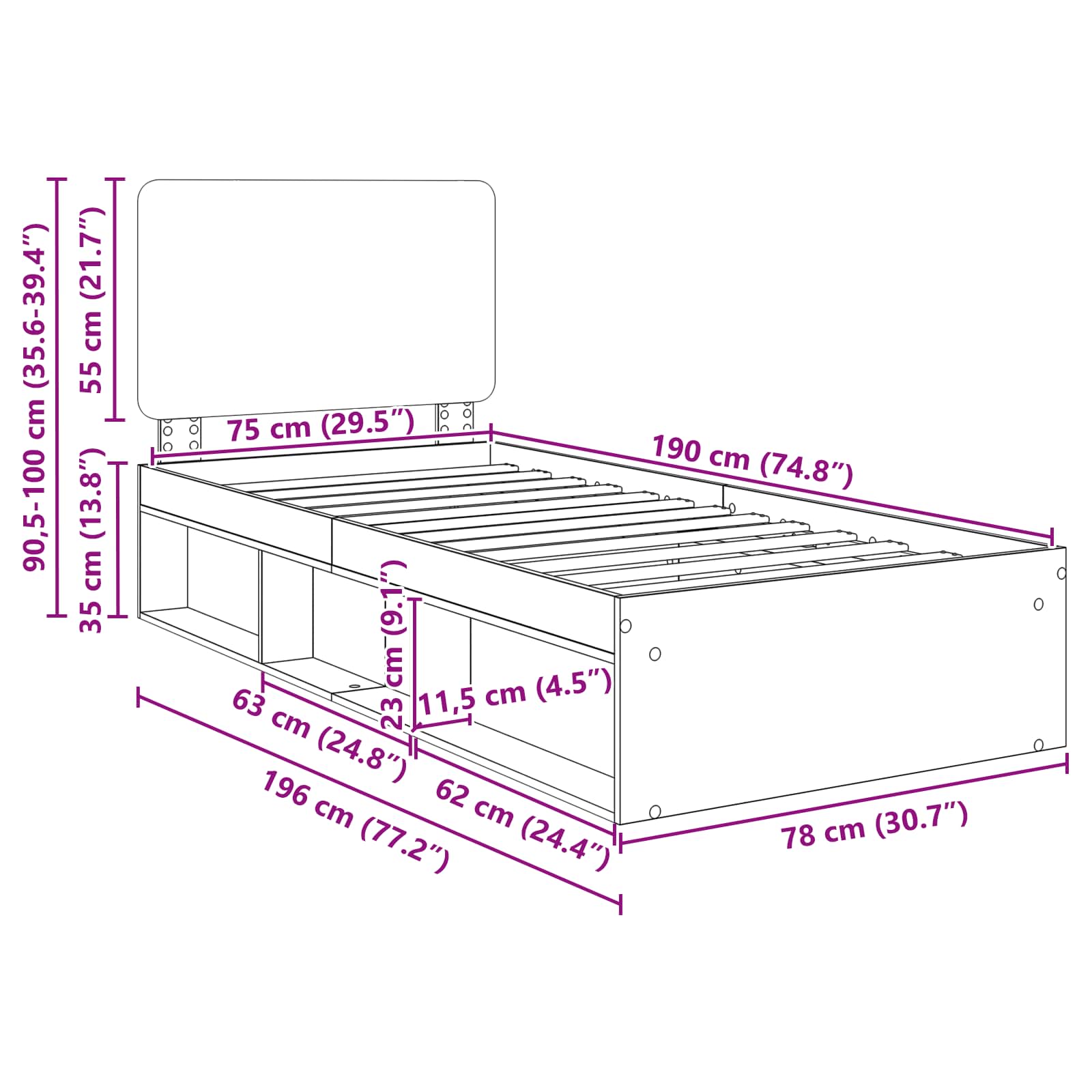 Krevetna konstrukcija s uzglavljem Dimljeni hrast 75 x 190 cm