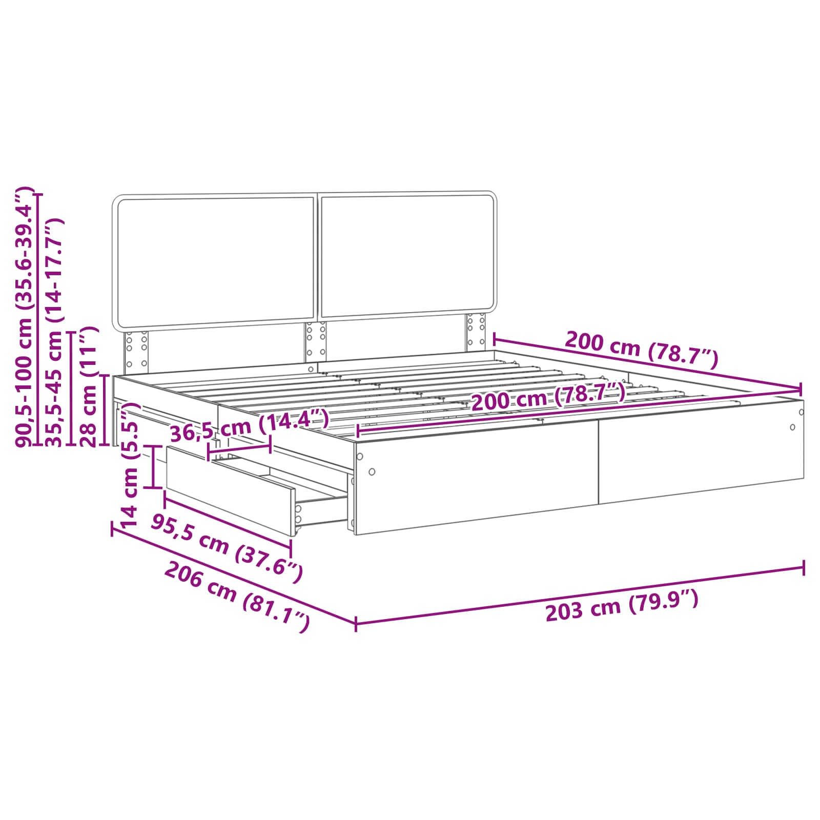 Krevet s od storage s uzglavljem Betonski sivi 200 x 200 cm