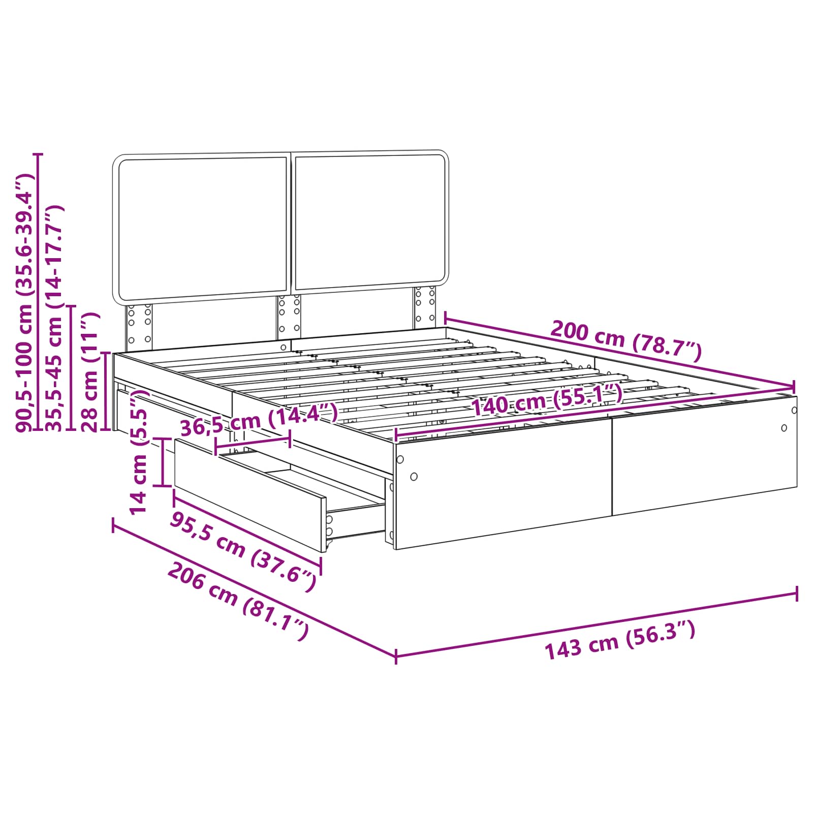 Krevet s od storage Siva Sonoma 140 x 200 cm Konstruirano drvo