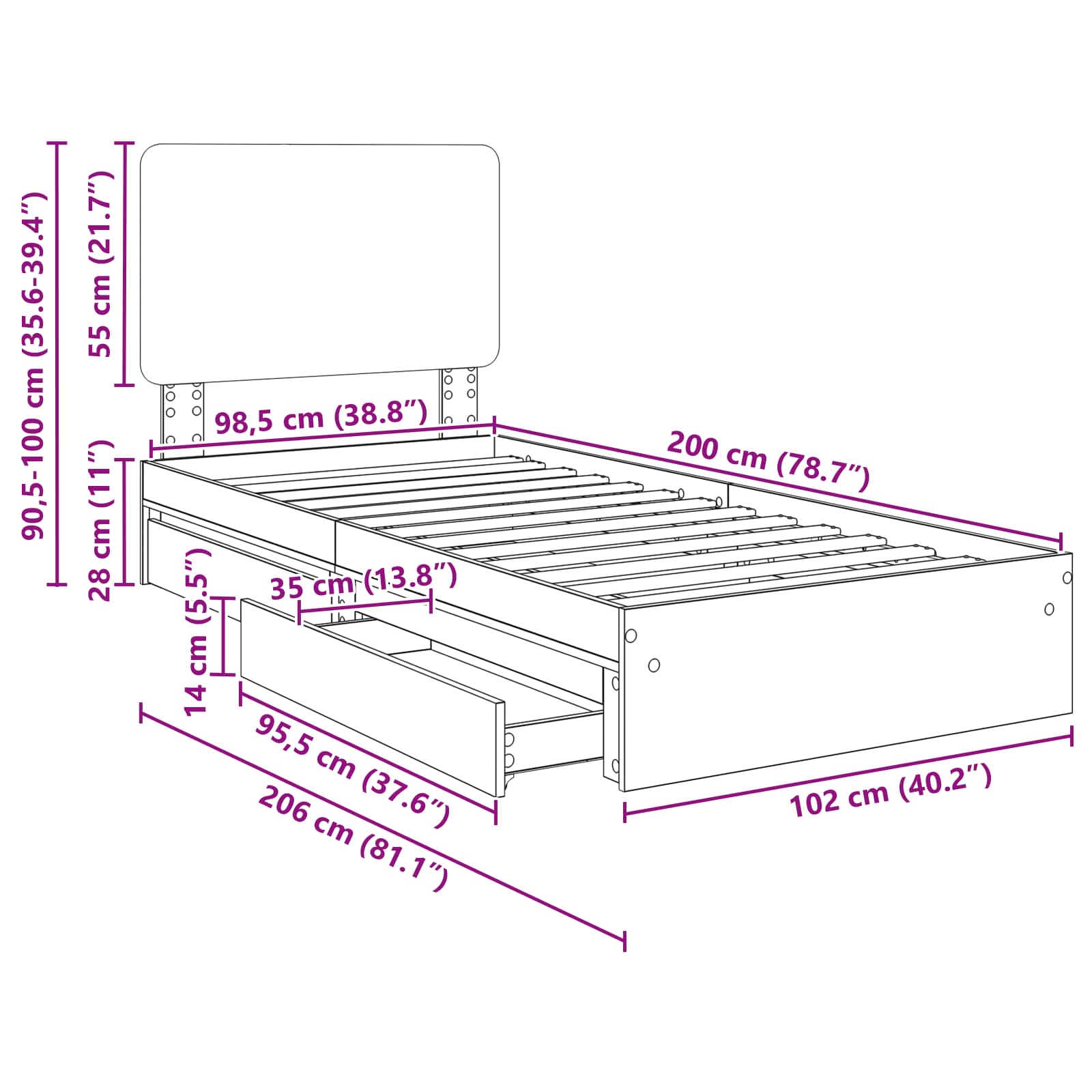 Krevet s od storage Siva Sonoma 100 x 200 cm Konstruirano drvo