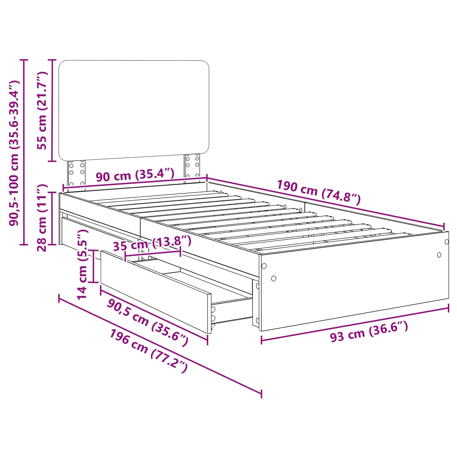 Krevet s od storage Siva Sonoma 90 x 190 cm Konstruirano drvo