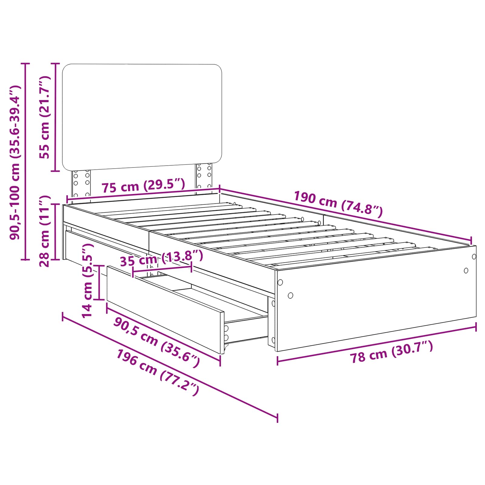 Krevet s od storage Siva Sonoma 75 x 190 cm Konstruirano drvo