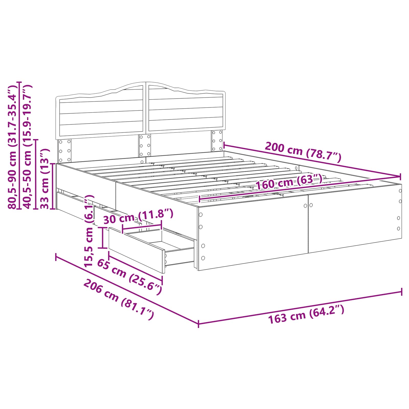 Krevetna konstrukcija s ladicama Betonski sivi 160 x 200 cm