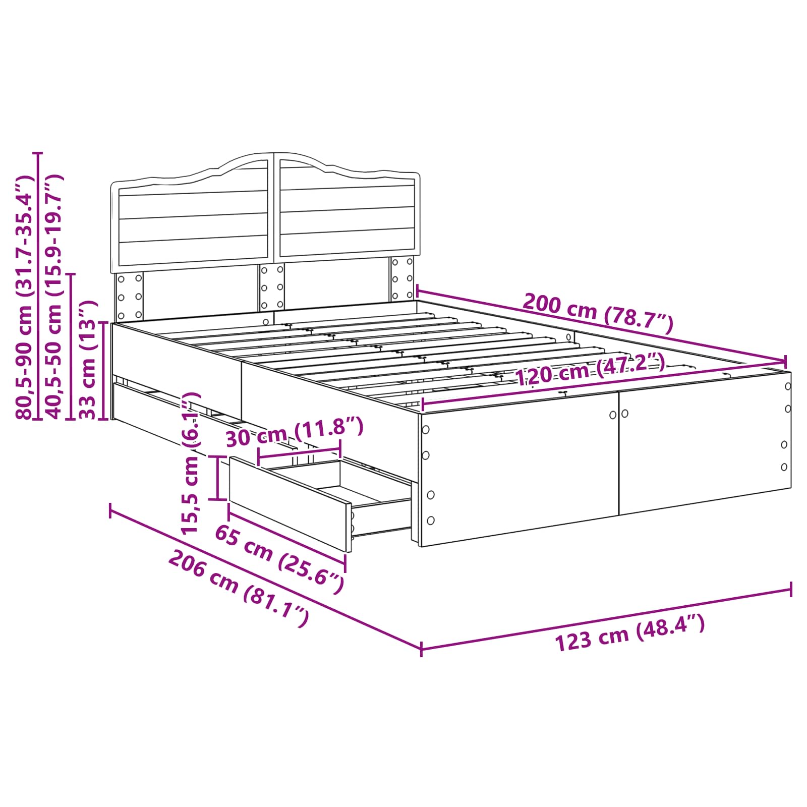 Krevetna konstrukcija s ladicama Sonoma hrast 120 x 200 cm