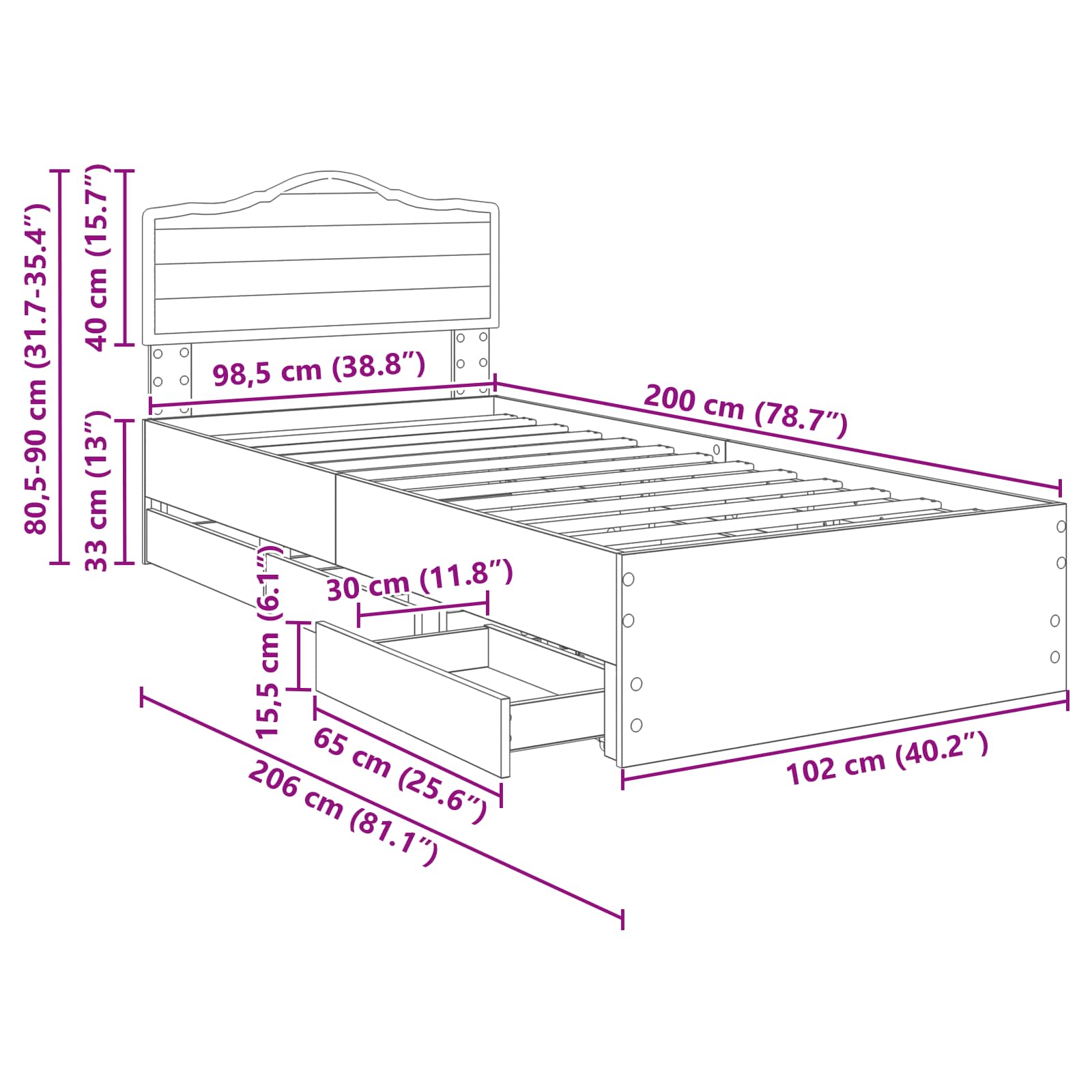 Krevetna konstrukcija s ladicama Sonoma hrast 100 x 200 cm