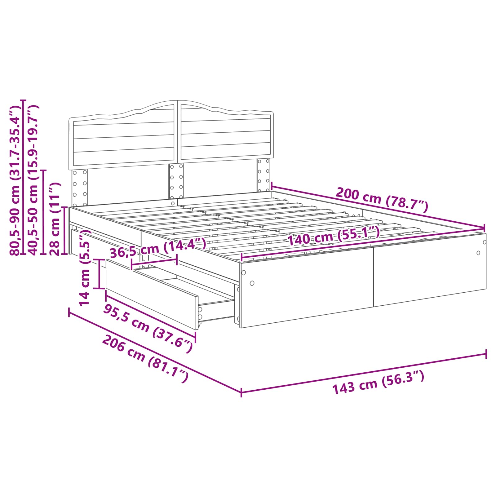 Krevet s od storage Bijelo 140 x 200 cm Konstruirano drvo