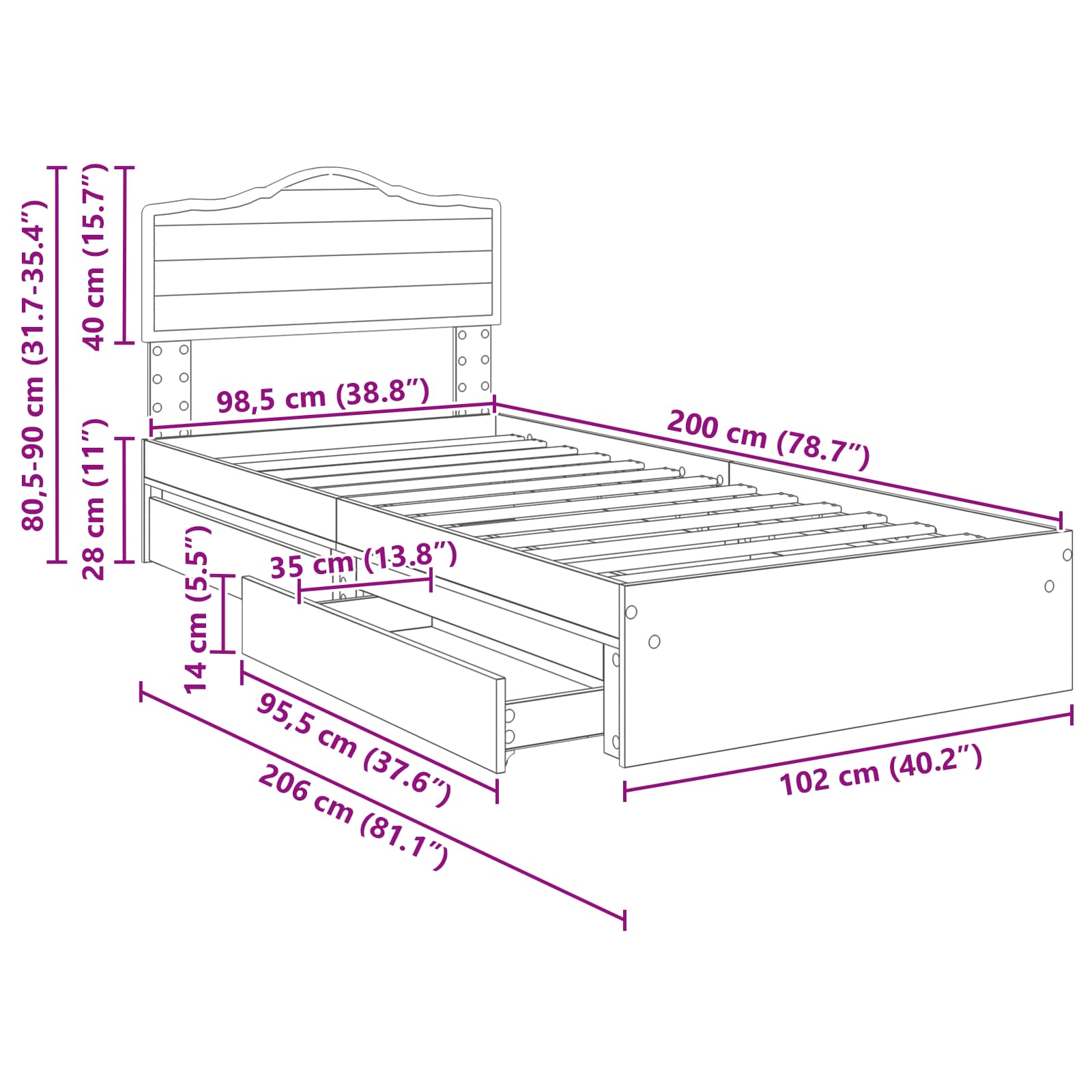 Krevet s od storage s uzglavljem Dimljeni hrast 100 x 200 cm