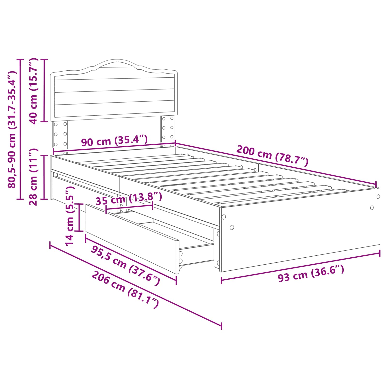 Krevet s od storage Siva Sonoma 90 x 200 cm Konstruirano drvo