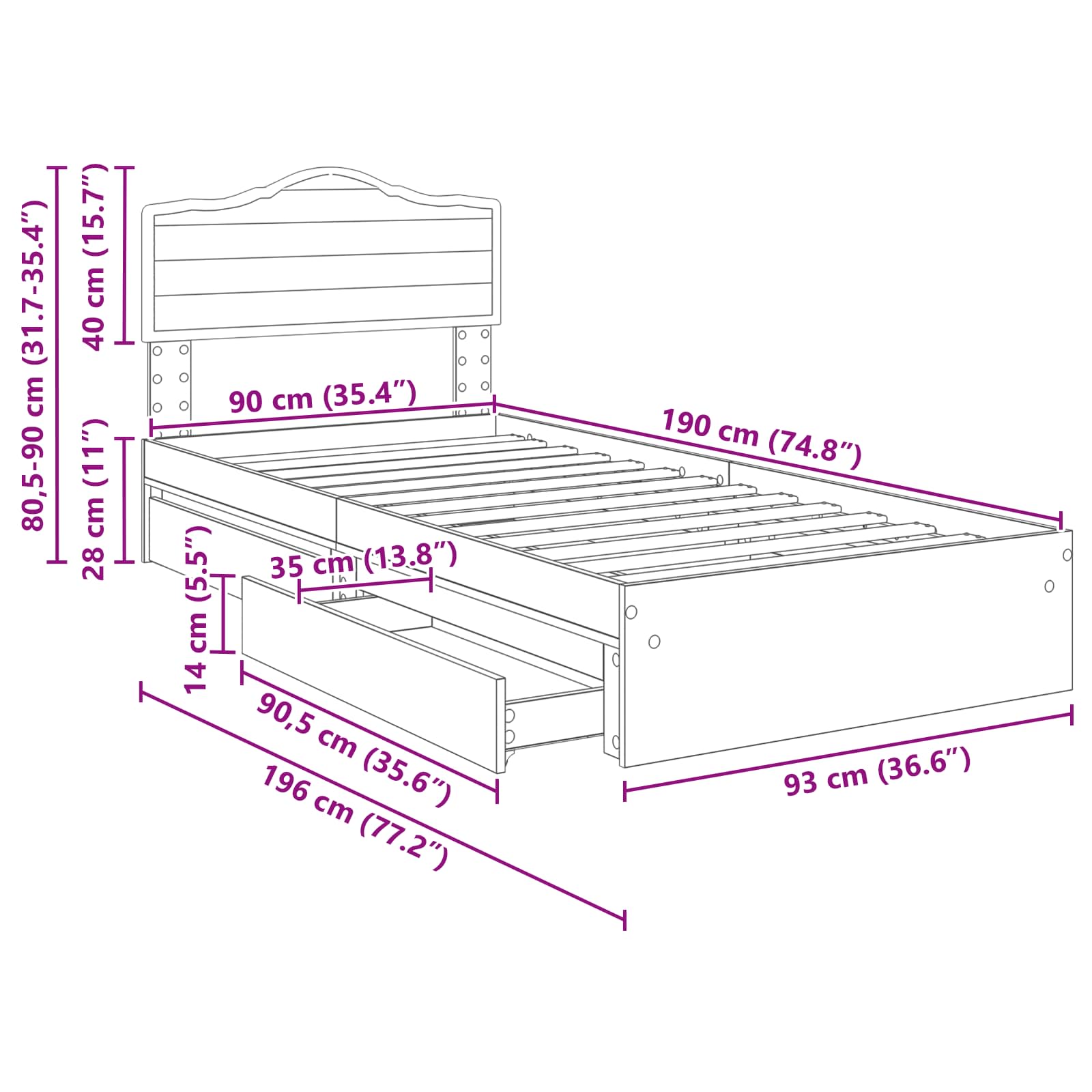 Krevet s od storage Sonoma hrast 90 x 190 cm Konstruirano drvo