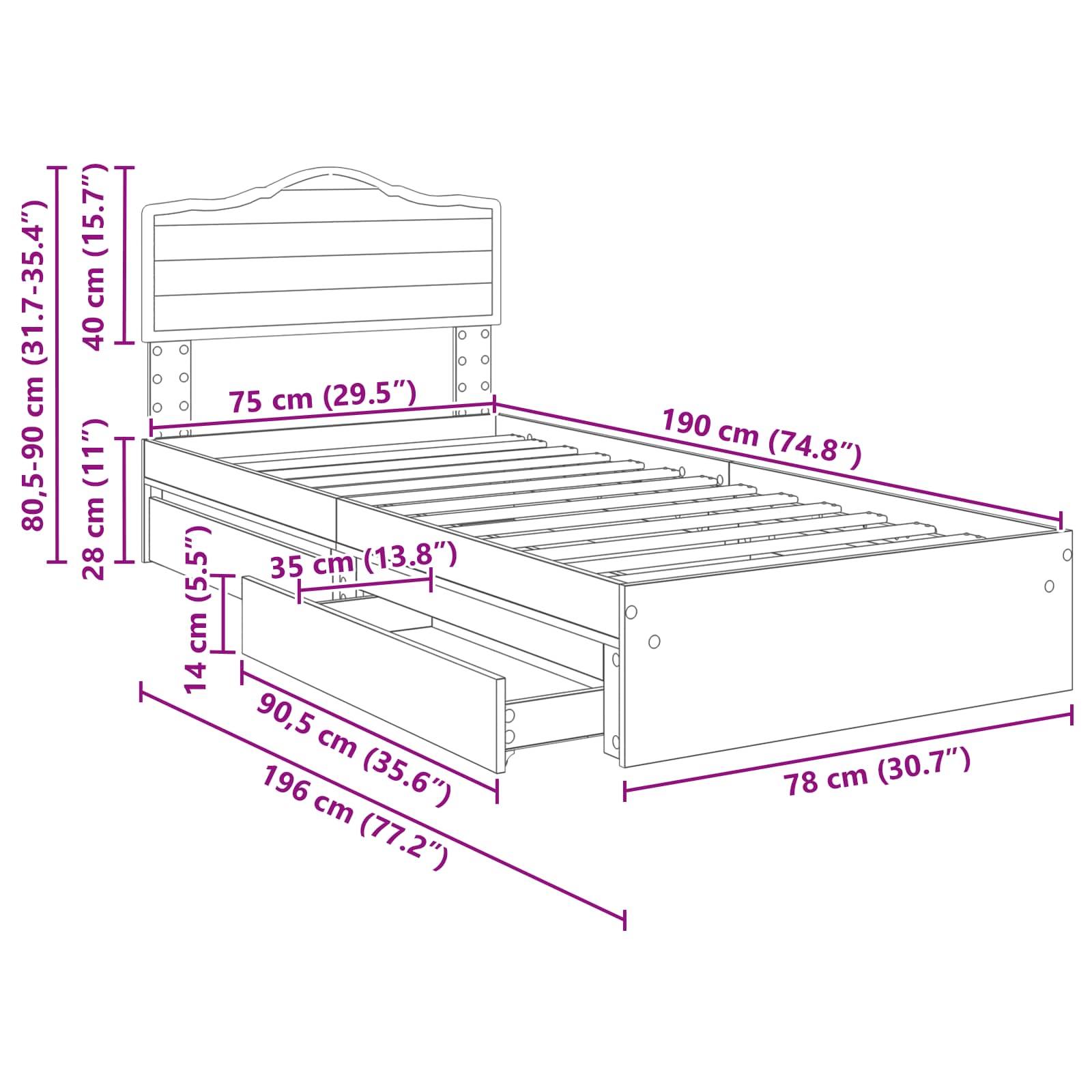 Krevet s od storage Siva Sonoma 70 x 190 cm Konstruirano drvo