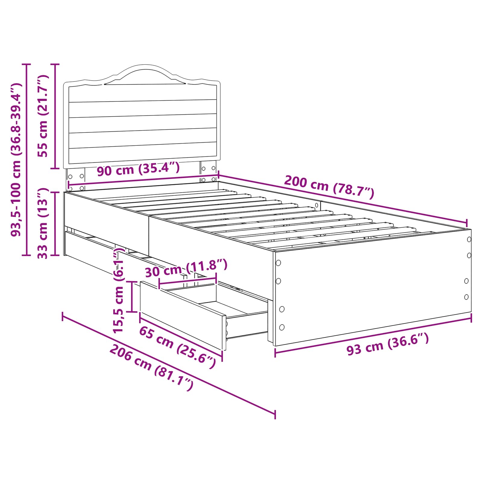 Krevetna konstrukcija s ladicama Betonsko Siva 90 x 200 cm