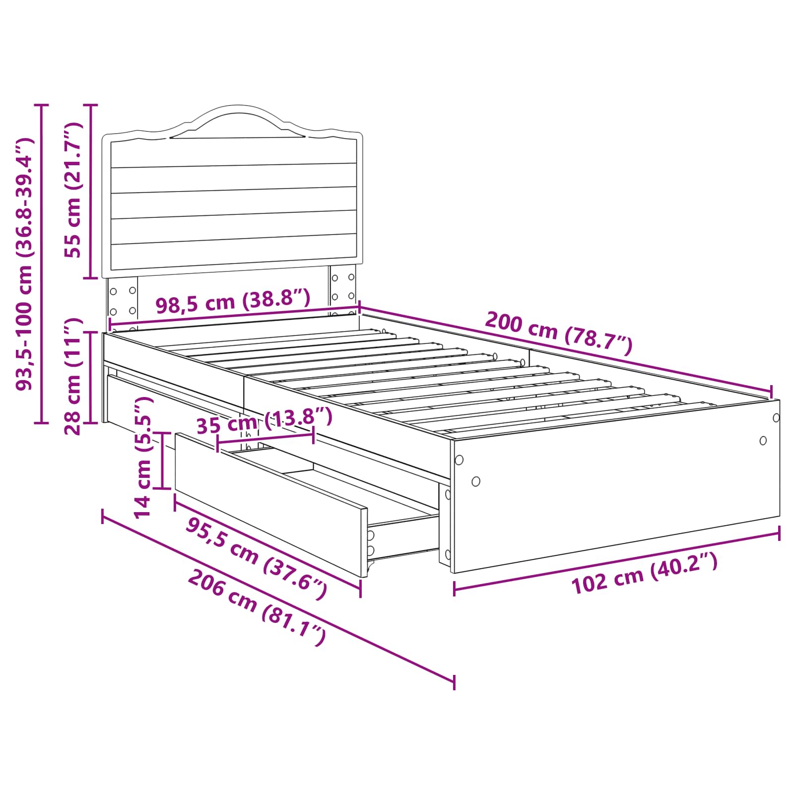 Krevet s od storage s uzglavljem Dimljeni hrast 100 x 200 cm
