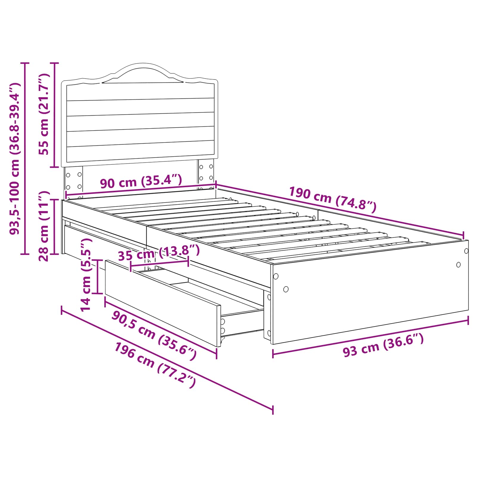Krevet s od storage Betonski sivi 90 x 190 cm Konstruirano drvo