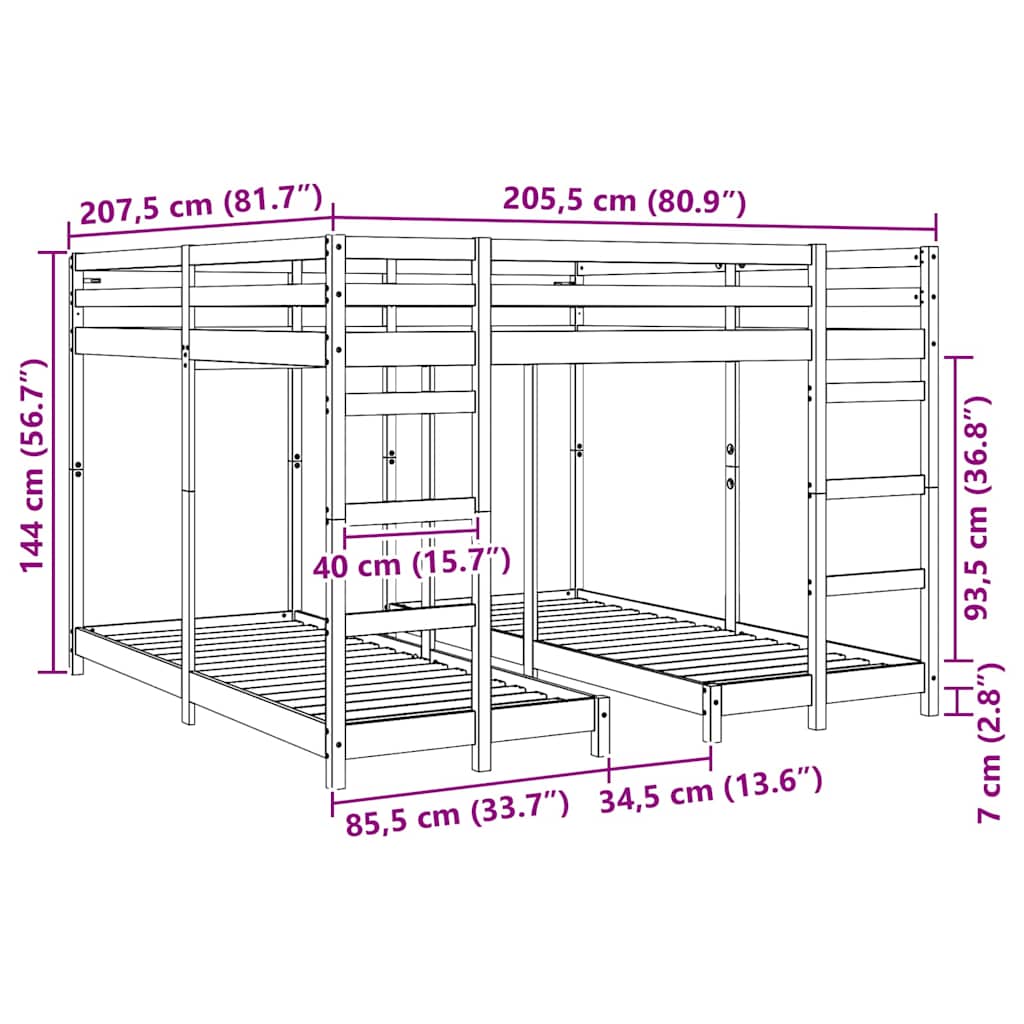 Trokatni krevet Prirodna 80 / 200 x 200 cm Čvrsto borovo drvo