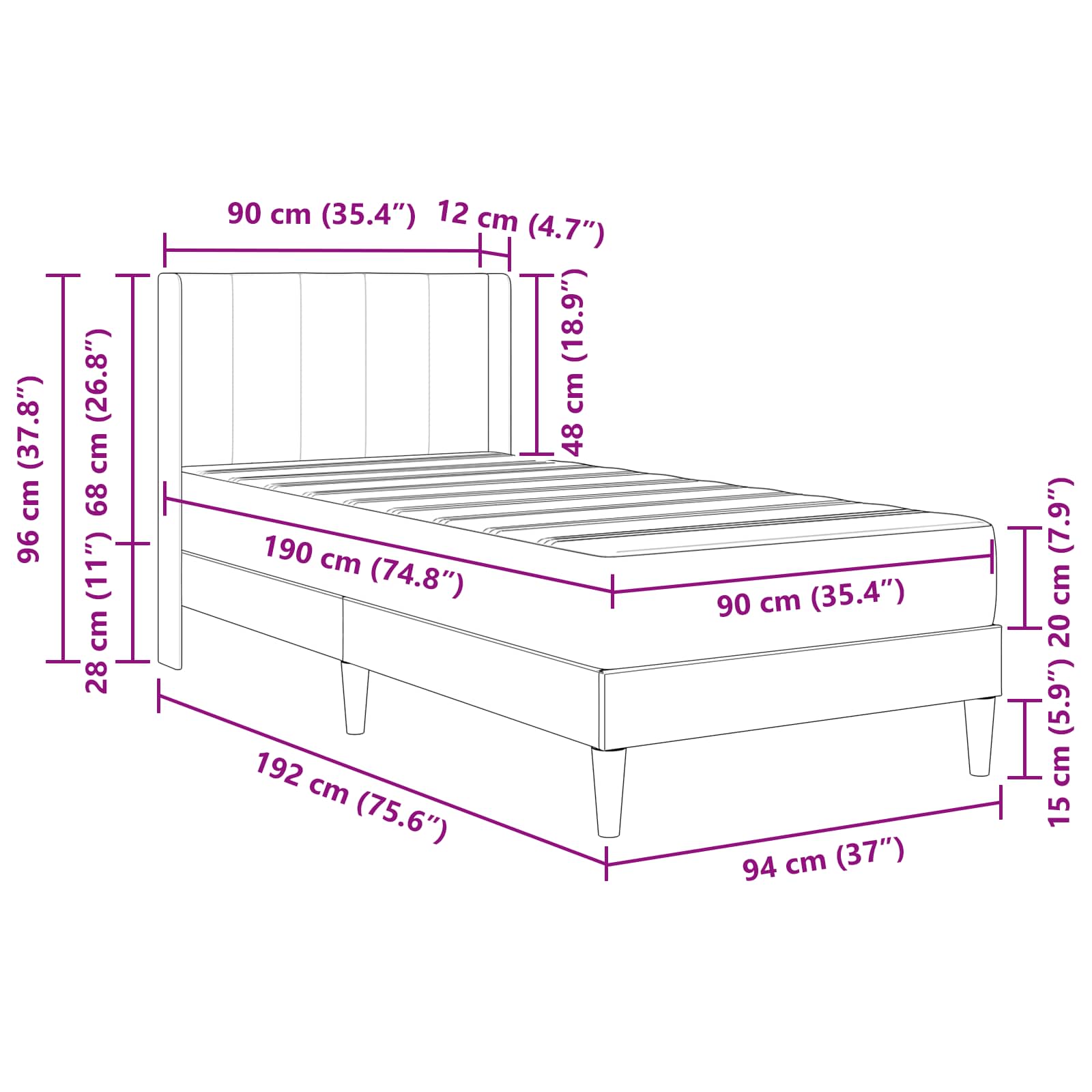 Okvir kreveta s madracem Tamnosiva 90 x 190 cm Baršun