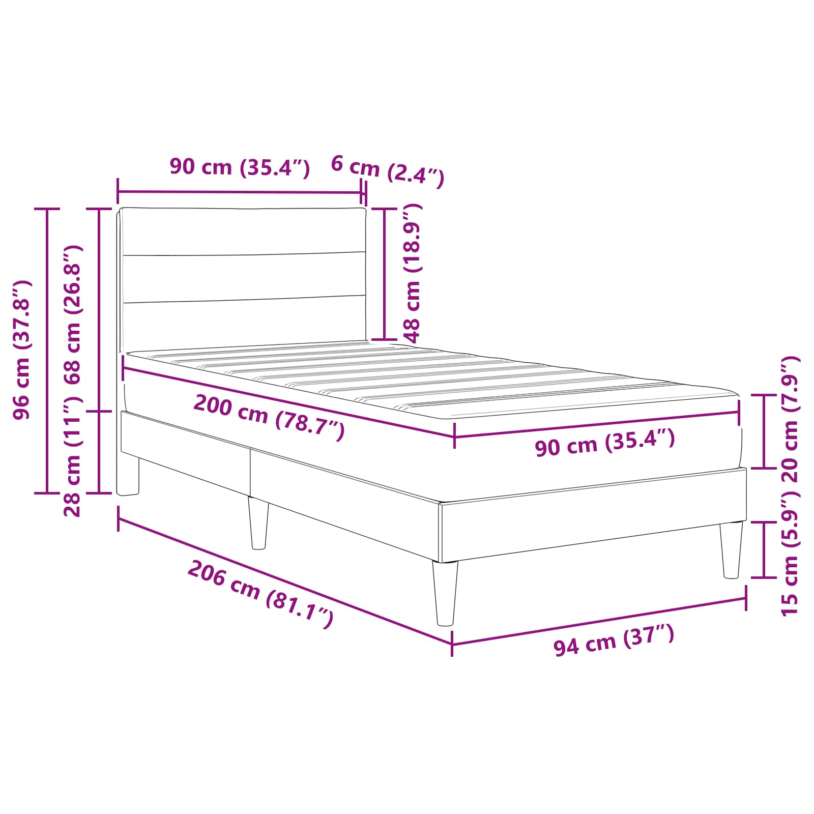 Krevetna konstrukcija Tamno siva 90 x 200 cm Poliester