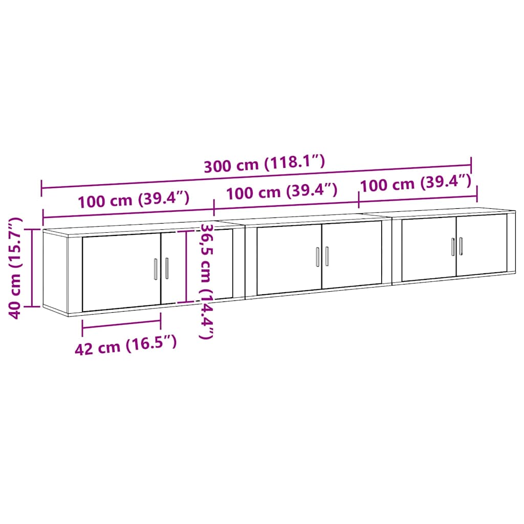 Zidni TV ormar set Zidne 3 pcs Crni hrast 100 x 34,5 x 40 cm