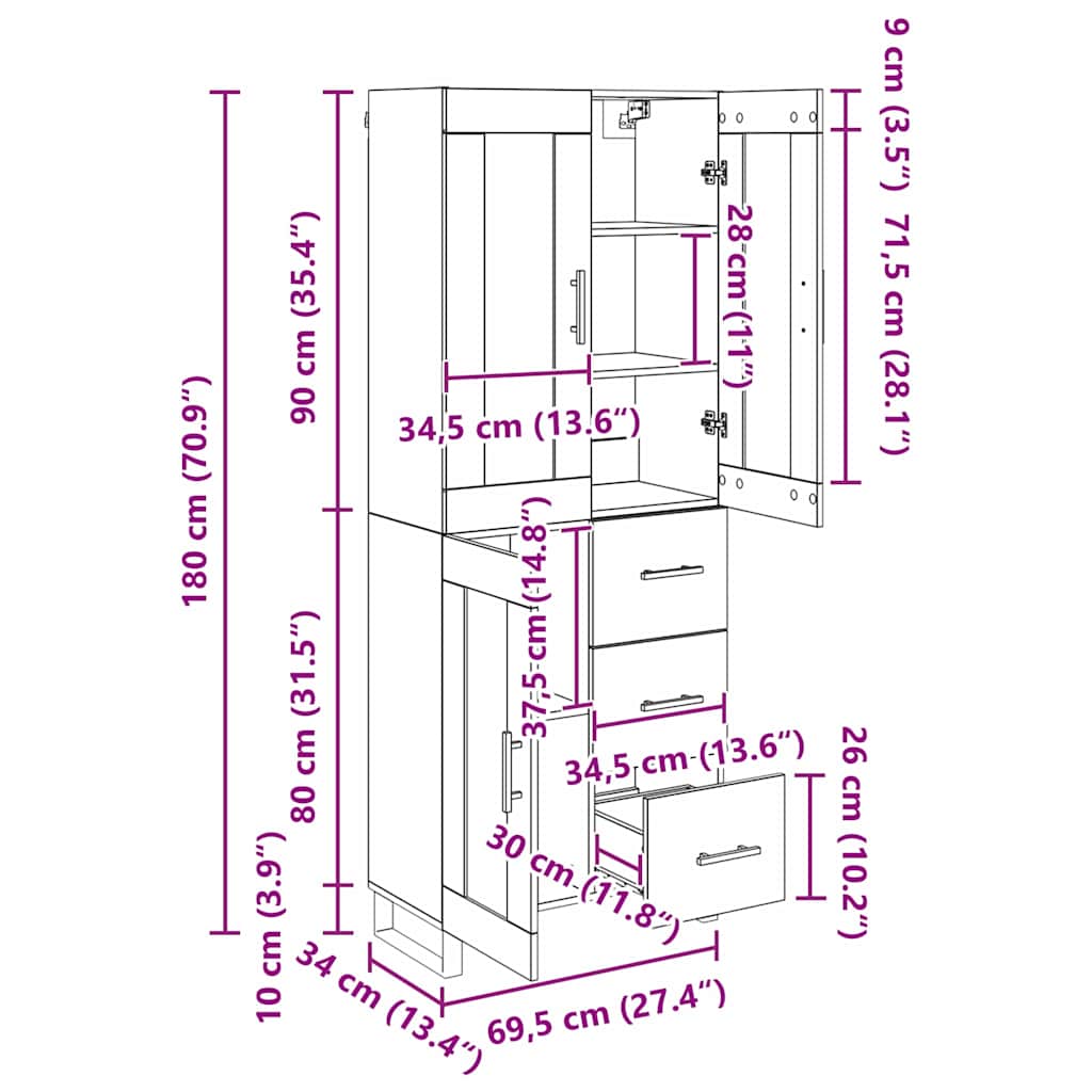 Highboard Staro drvo 69,5 x 34 x 180 cm Konstruirano drvo