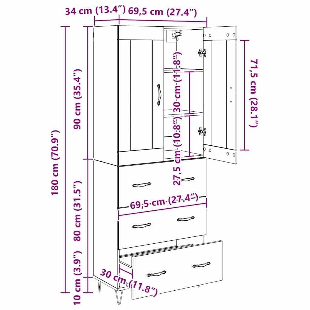 Highboard Staro drvo 69,5 x 34 x 180 cm Konstruirano drvo