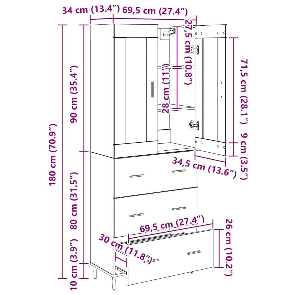 Highboard s ladicama 2 pcs Staro drvo Konstruirano drvo