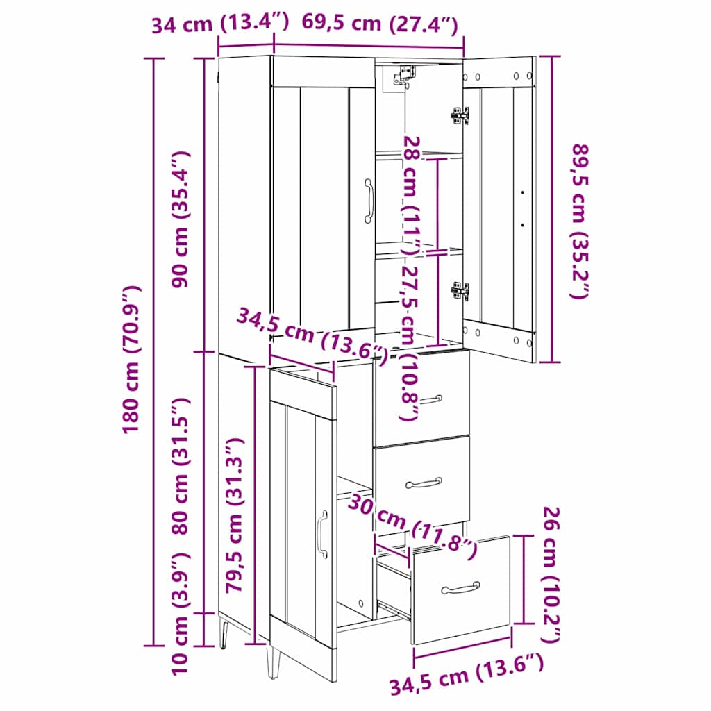 Highboard Zidne Staro drvo 69,5 x 34 x 180 cm Konstruirano drvo