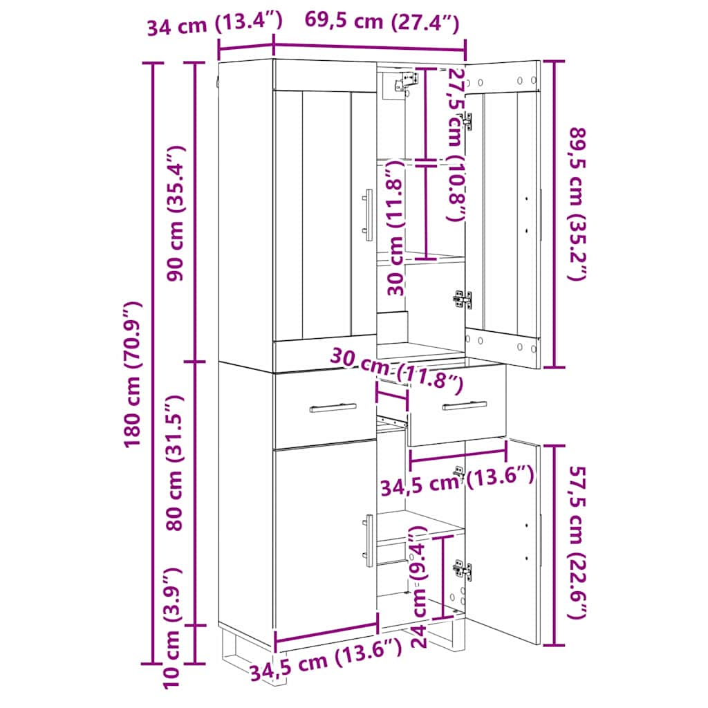 Highboard s ladicama 2 pcs Staro drvo Konstruirano drvo