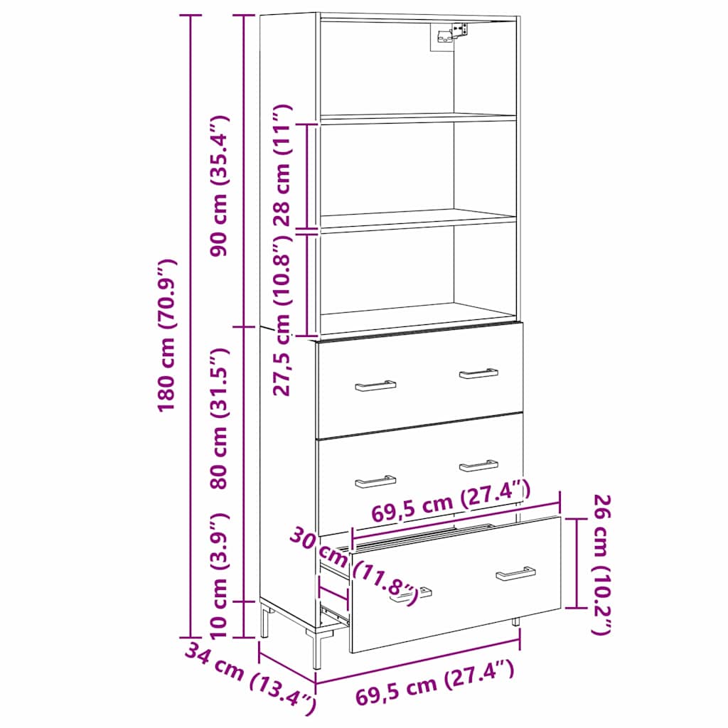 Highboard Staro drvo 69,5 x 34 x 180 cm Konstruirano drvo